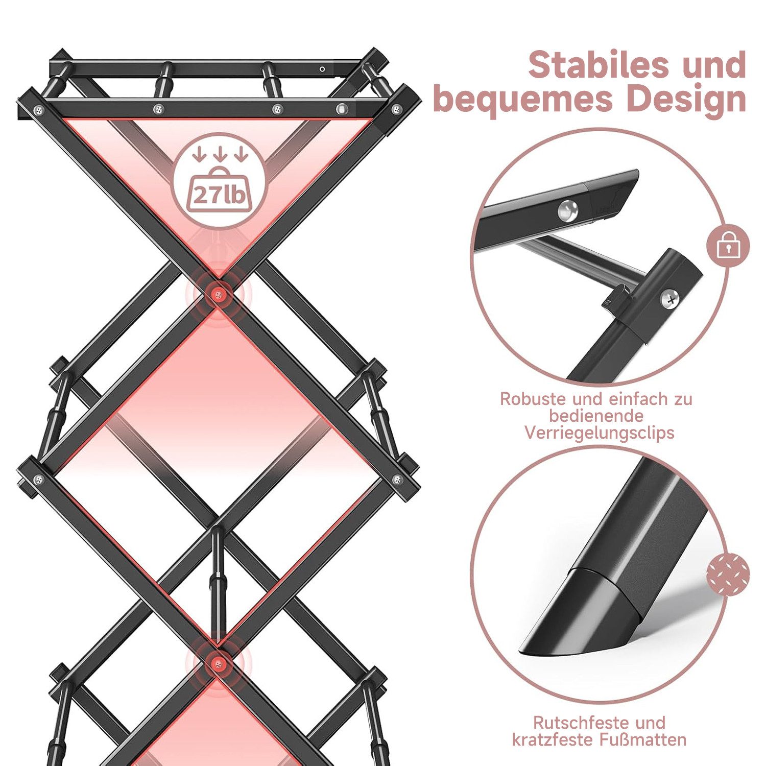 OSTWOLKE Wäscheständer Standtrockner klappbar & ausziehbar 6 Etagen mit 11 Stangen, Breite von 43- 75 cm