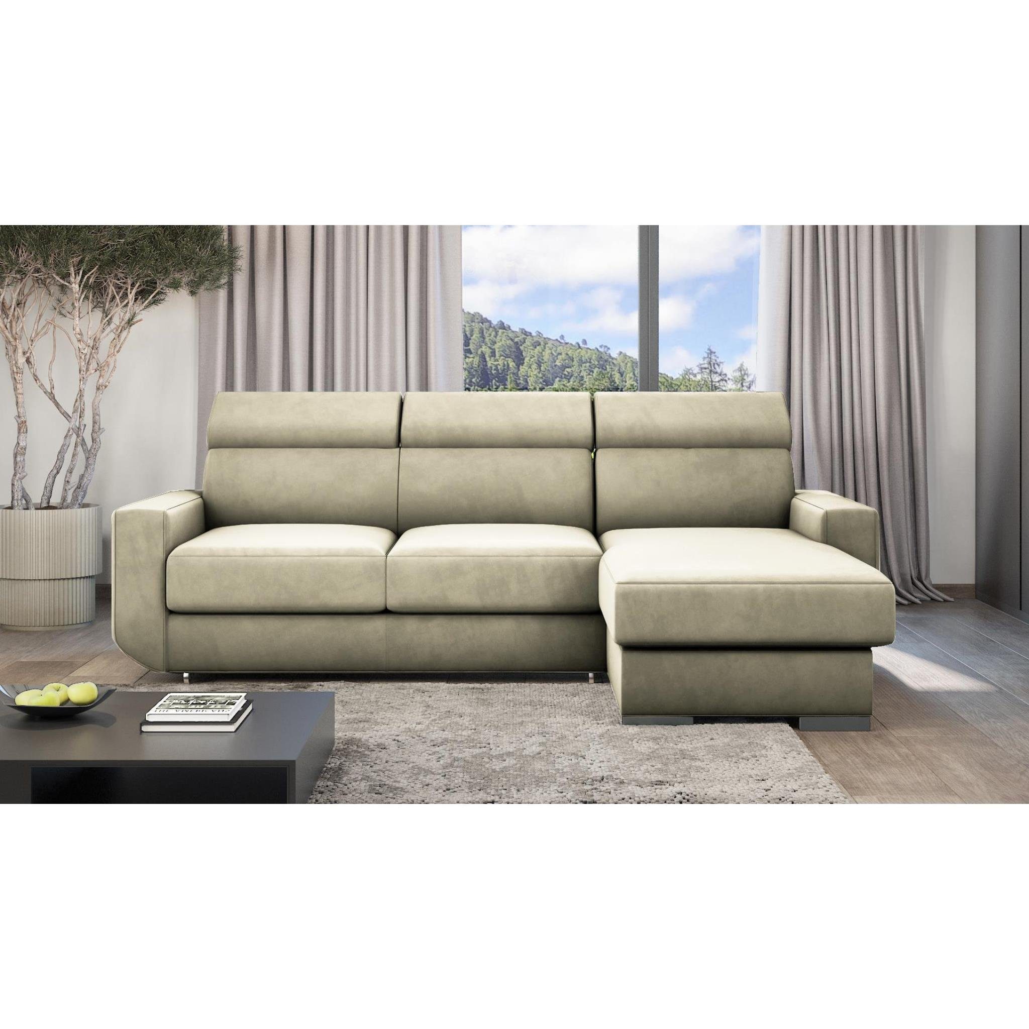 Creme Wellenunterfederung, mit Bonny, Sofa Kopfstützen Velours-Bezug, Relaxfunktion, Ecksofa Beautysofa verstellbare 02) mit (monolith L-Form universelle