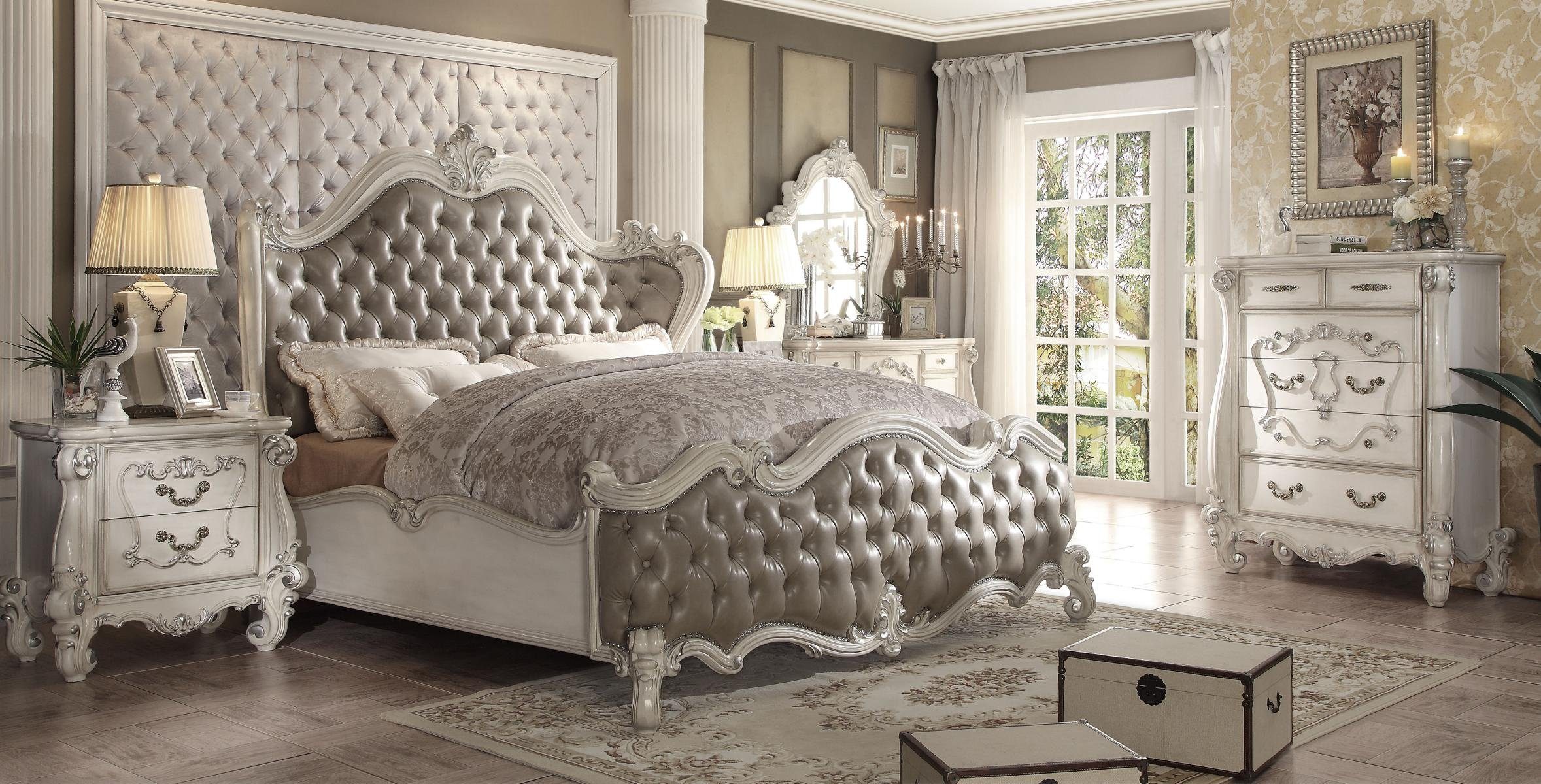 JVmoebel Schlafzimmer-Set CoCo-Furniture Schlafzimmermöbel aus Holz und Leder in Weiß/Grau, Made in Europa