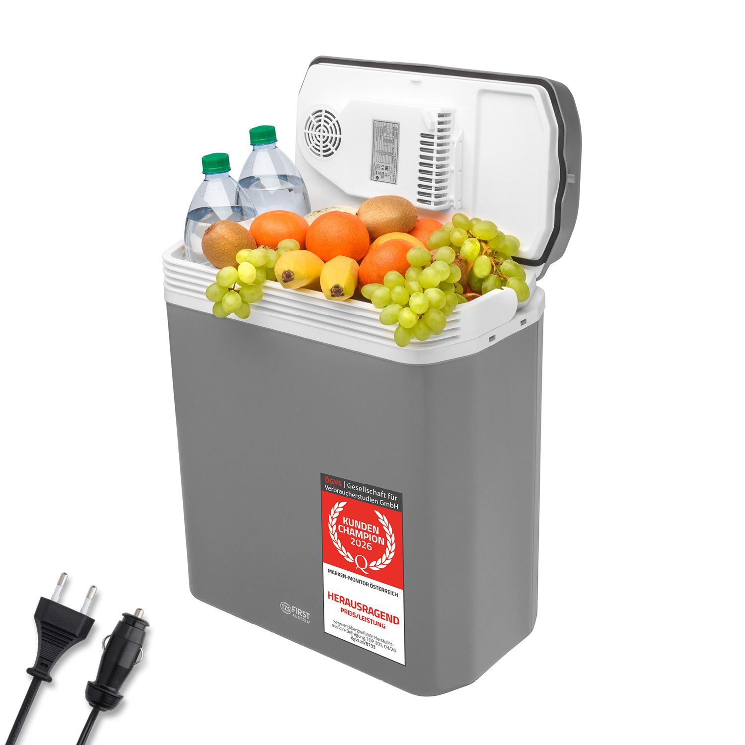 TZS FIRST AUSTRIA Elektrische Kühlbox 24L, Kühlbox, 12V /230V Anschluss, 12-V-Stecker fürs Auto, für Camping, Festivals, Reisen, mit Kühl- und Warmhaltefunktion