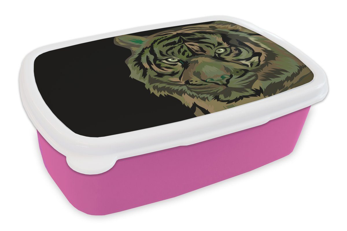 MuchoWow Lunchbox Tiger - Schwarz - Grau, Kunststoff, (2-tlg), Brotbox für Erwachsene, Brotdose Kinder, Snackbox, Mädchen, Kunststoff rosa