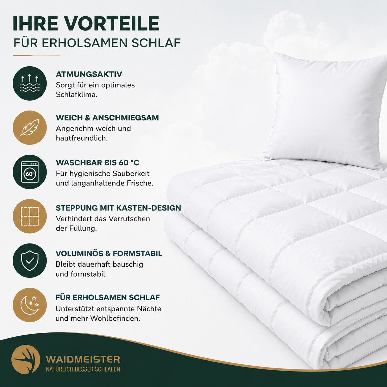 Waidmeister Microfaserbettdecke + Kopfkissen Bettdeckenset 2-teilig Bettdecke 135x200 cm Kopfkissen 80x80 cm, Bettdecke & Kissen Set Ganzjahres Steppdecke Mikro – Bild 4 von 5