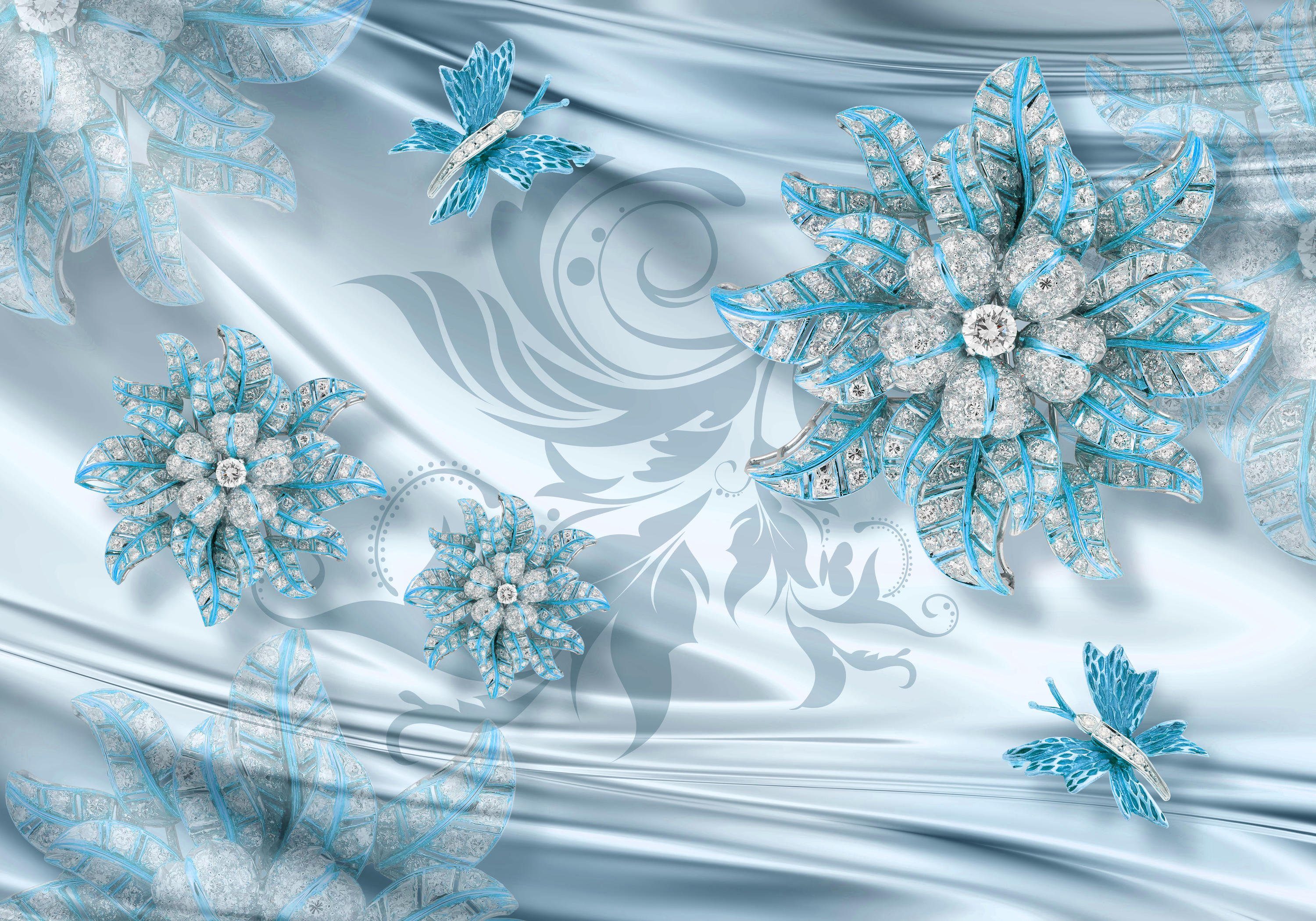 wandmotiv24 Fototapete Abstrakt hell blau Blumen diamanten Seid, glatt,  Wandtapete, Motivtapete, matt, Vliestapete, selbstklebend