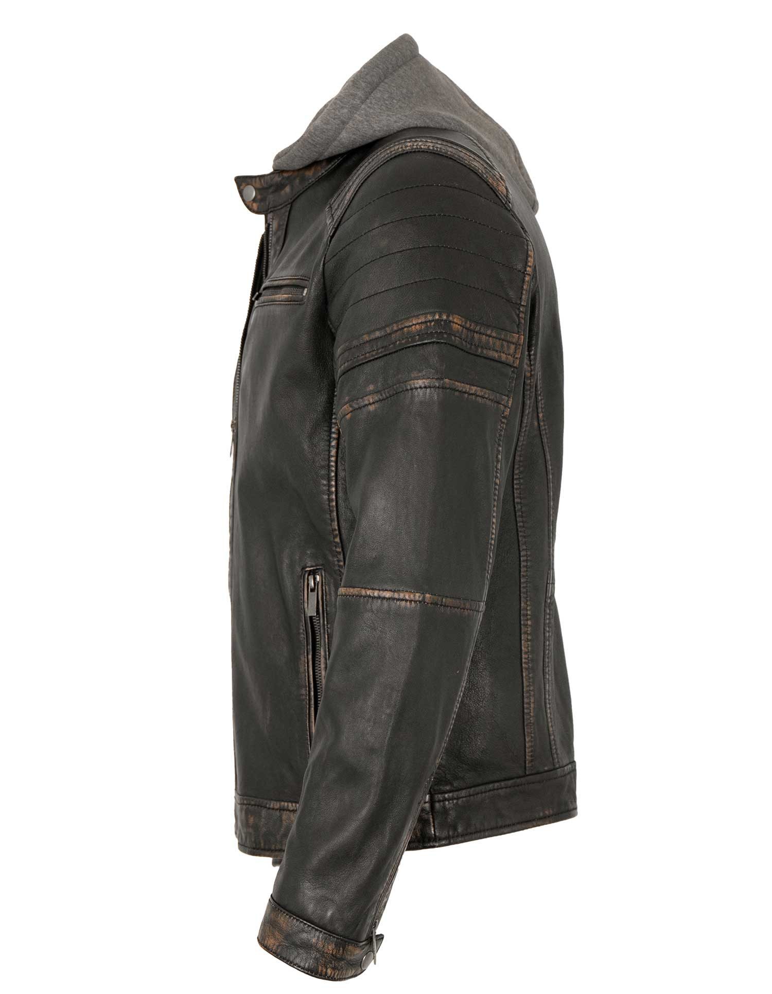 Lederjacken24 Lederjacke Zenon-1 Herren Lederjacke Lammnappa Bikerjacke Kapuze schwarz-beige – Bild 3 von 5
