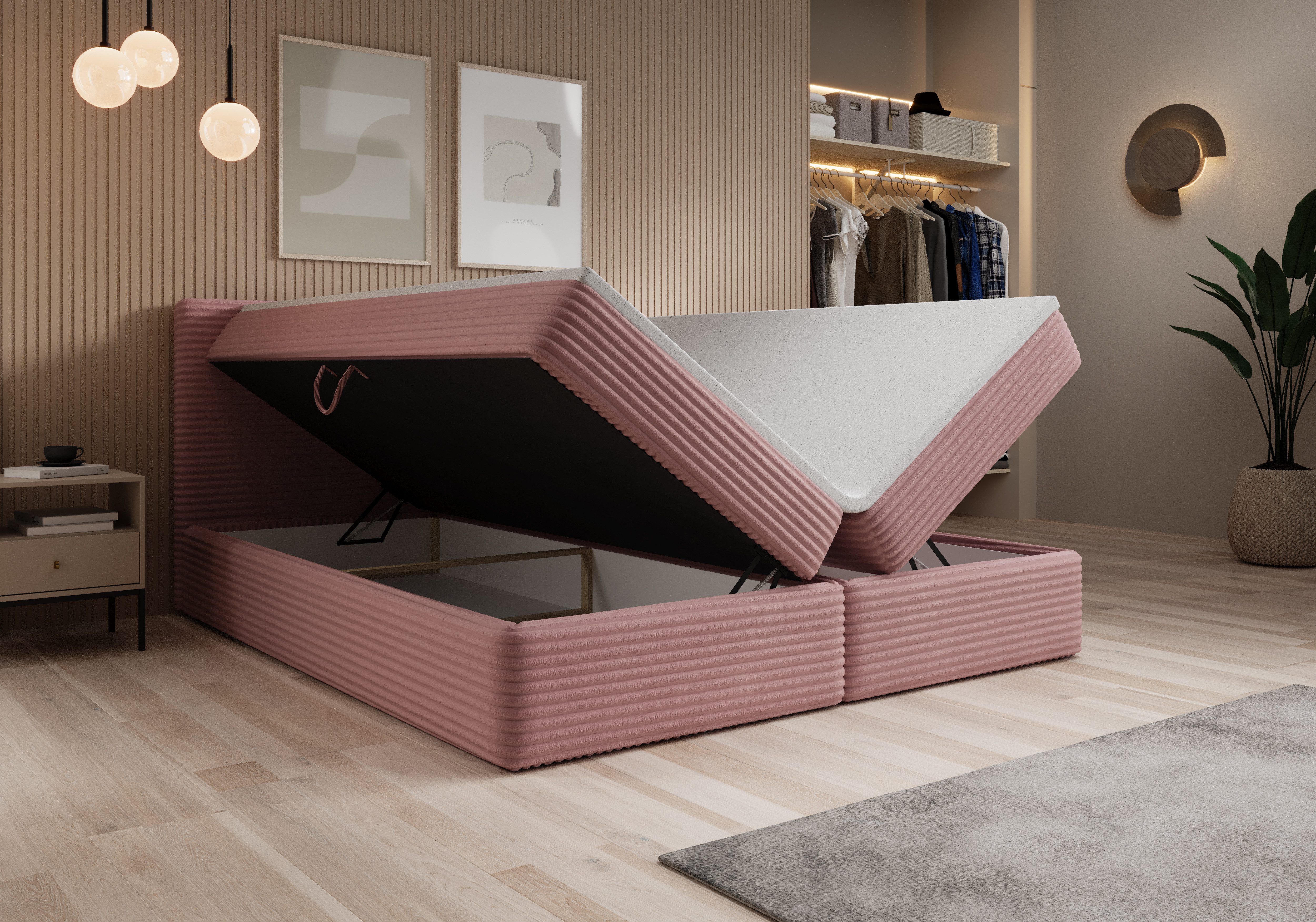 thematys Boxspringbett Cord mit Bettkasten 140x200–200x200 cm – Luxus Boxbett (Polsterbett Bonnellfederkern Matratze H3 + Gratis 3cm Topper, Doppelbett mit Stauraum)