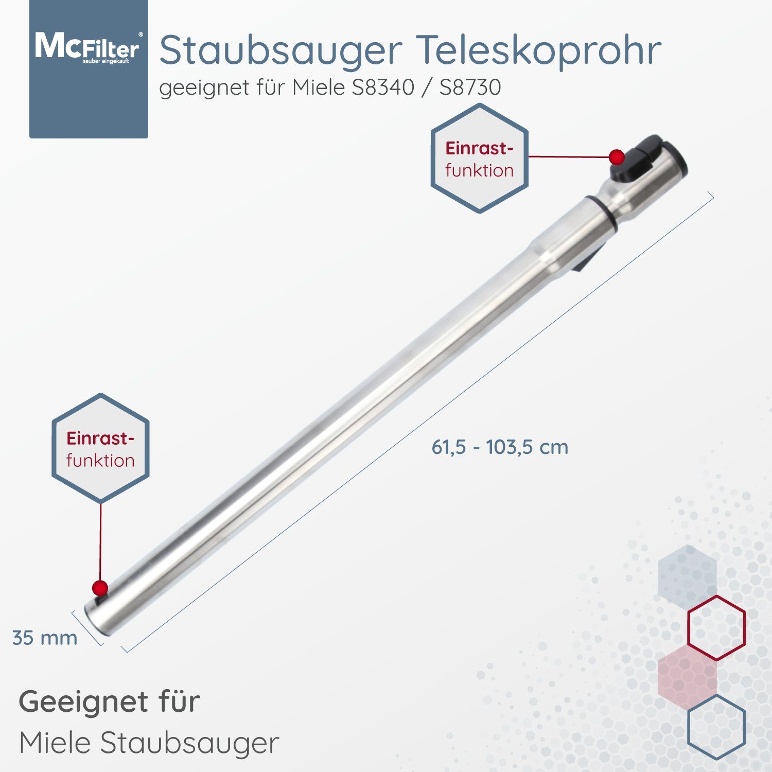 mit geeignet Saugrohr C3 EcoLine, ca. mit 35mm, McFilter für Länge: Silence Ø Einrastsystem Teleskoprohr Miele Anschluss Complete Rohr 61-103cm,