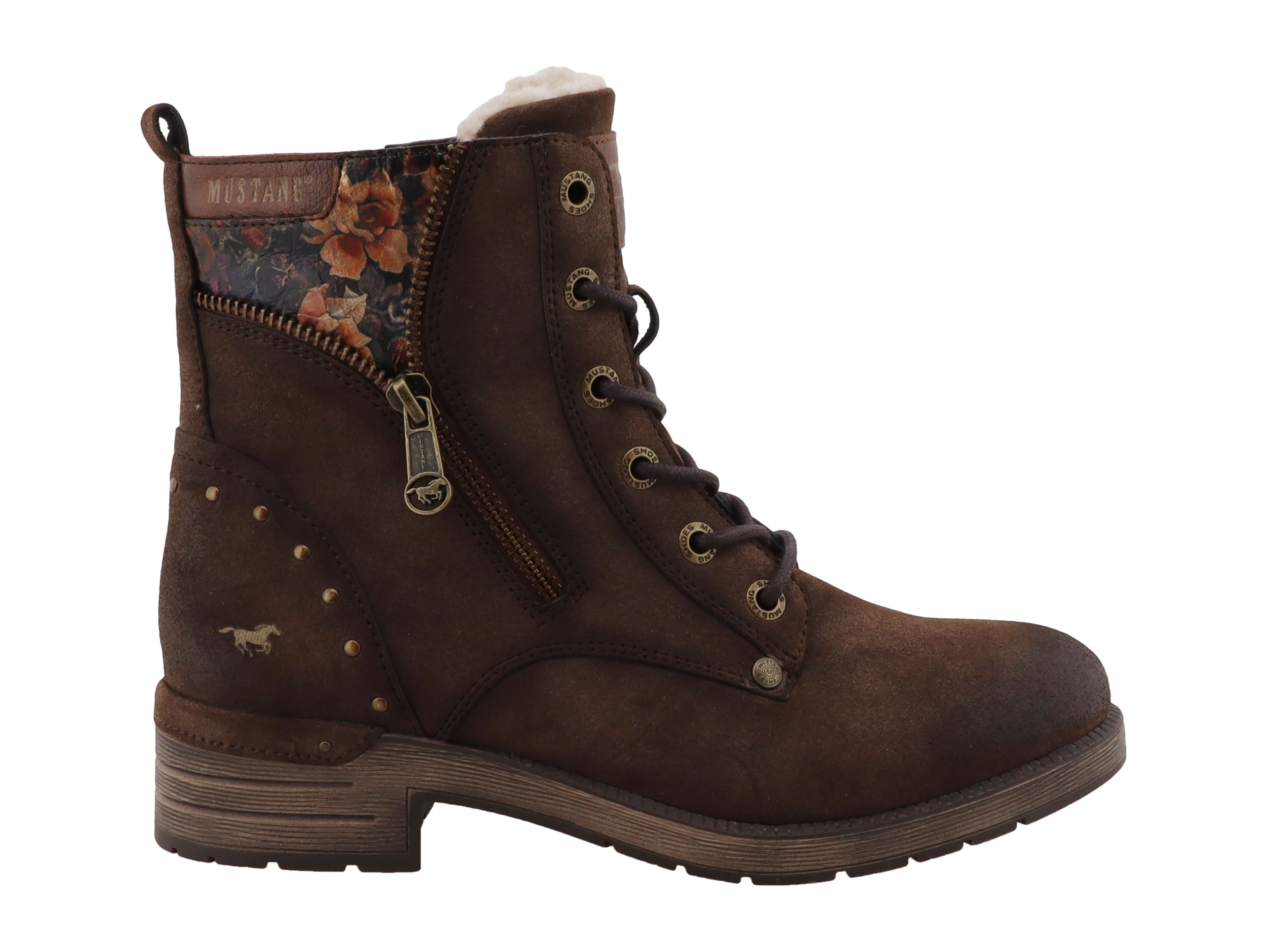 Mustang Shoes Stiefel Stiefelette Blockabsatz, Schnürboots mit Blumen-Kontrastbesatz und Nieten
