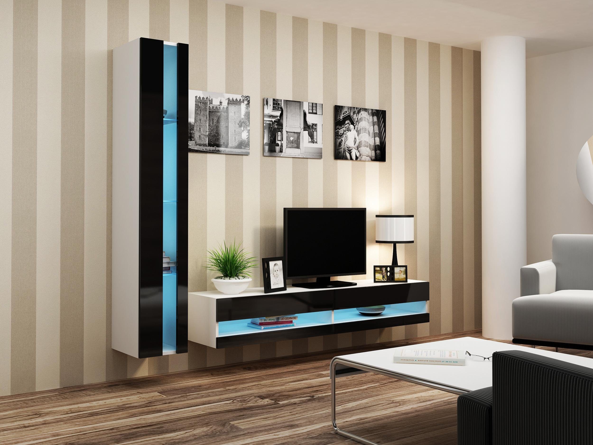 Stylefy Wohnwand Vago N VIII, (Set (2-St), Wohnmöbel, Wohnzimmer-Set), bestehend aus 1xLowboard und 1xHängevitrine, mit Push-to-Open, inkl. LED-Beleuchtung, Glaselemente Weiß/Schwarz
