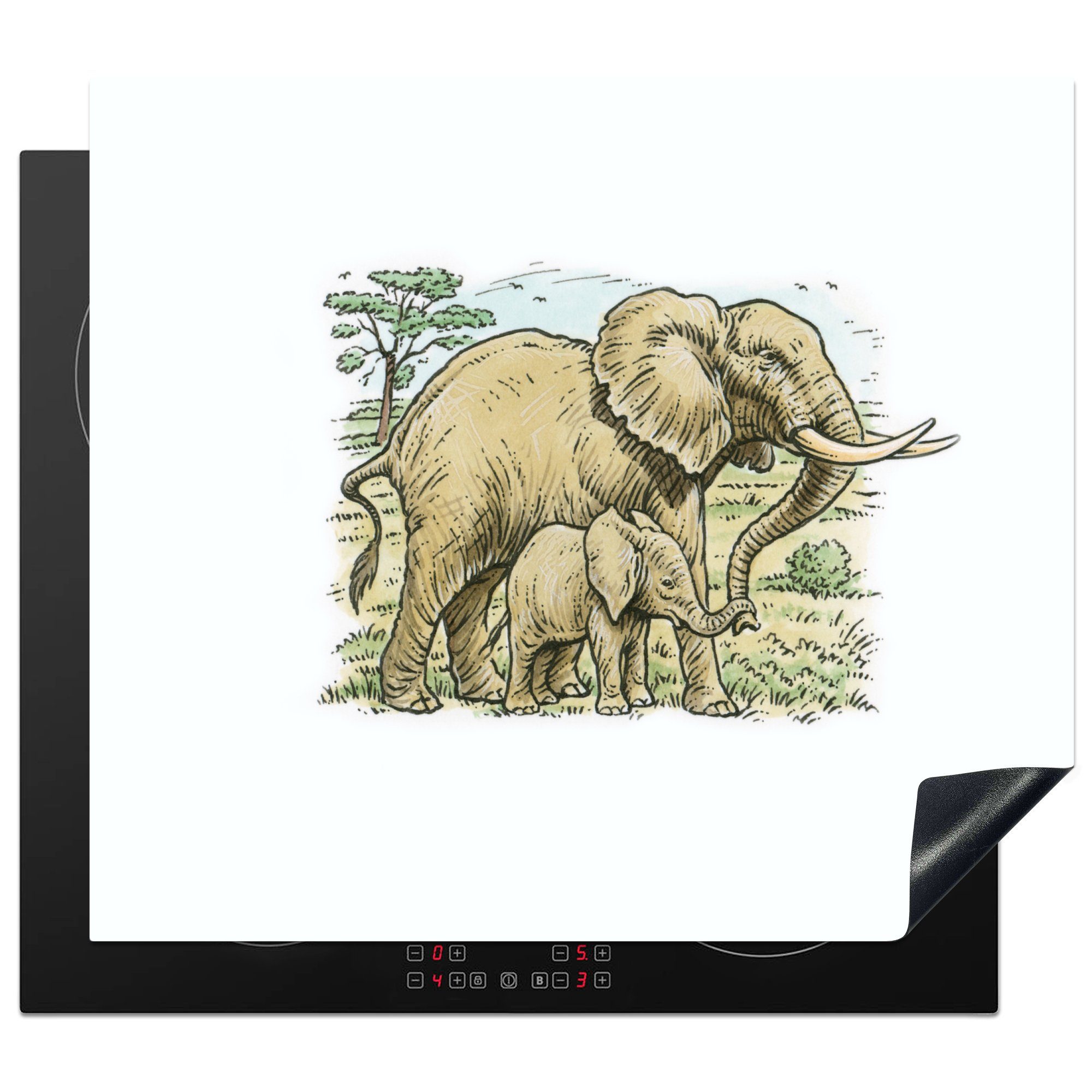 MuchoWow Herdblende-/Abdeckplatte Eine Illustration eines Elefanten mit einem Elefantenbaby, Vinyl, (1 tlg), 60x52 cm, Mobile Arbeitsfläche nutzbar, Ceranfeldabdeckung