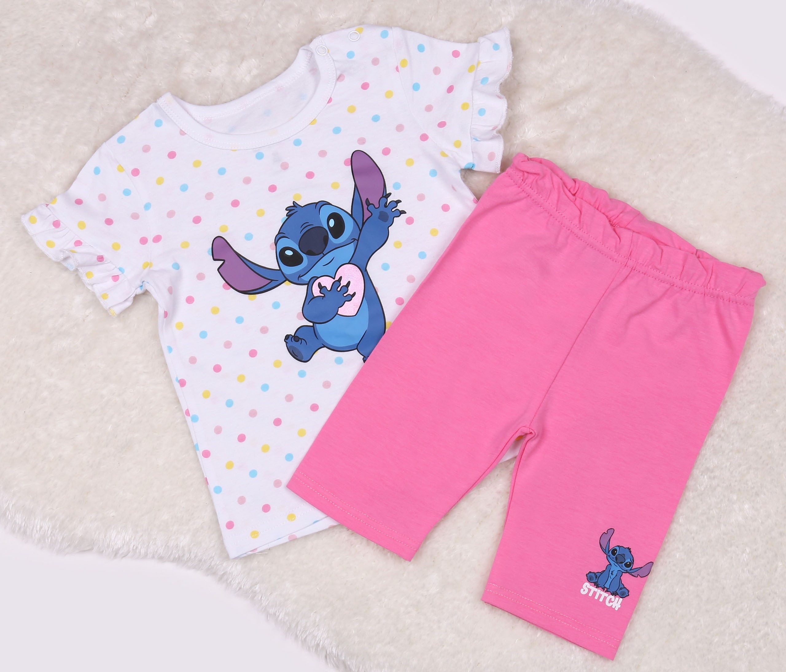 Disney T-Shirt & Shorts Disney Stitch Weiß-rosa gepunktetes Babyset T-Shirt + Shorts 6 Monate