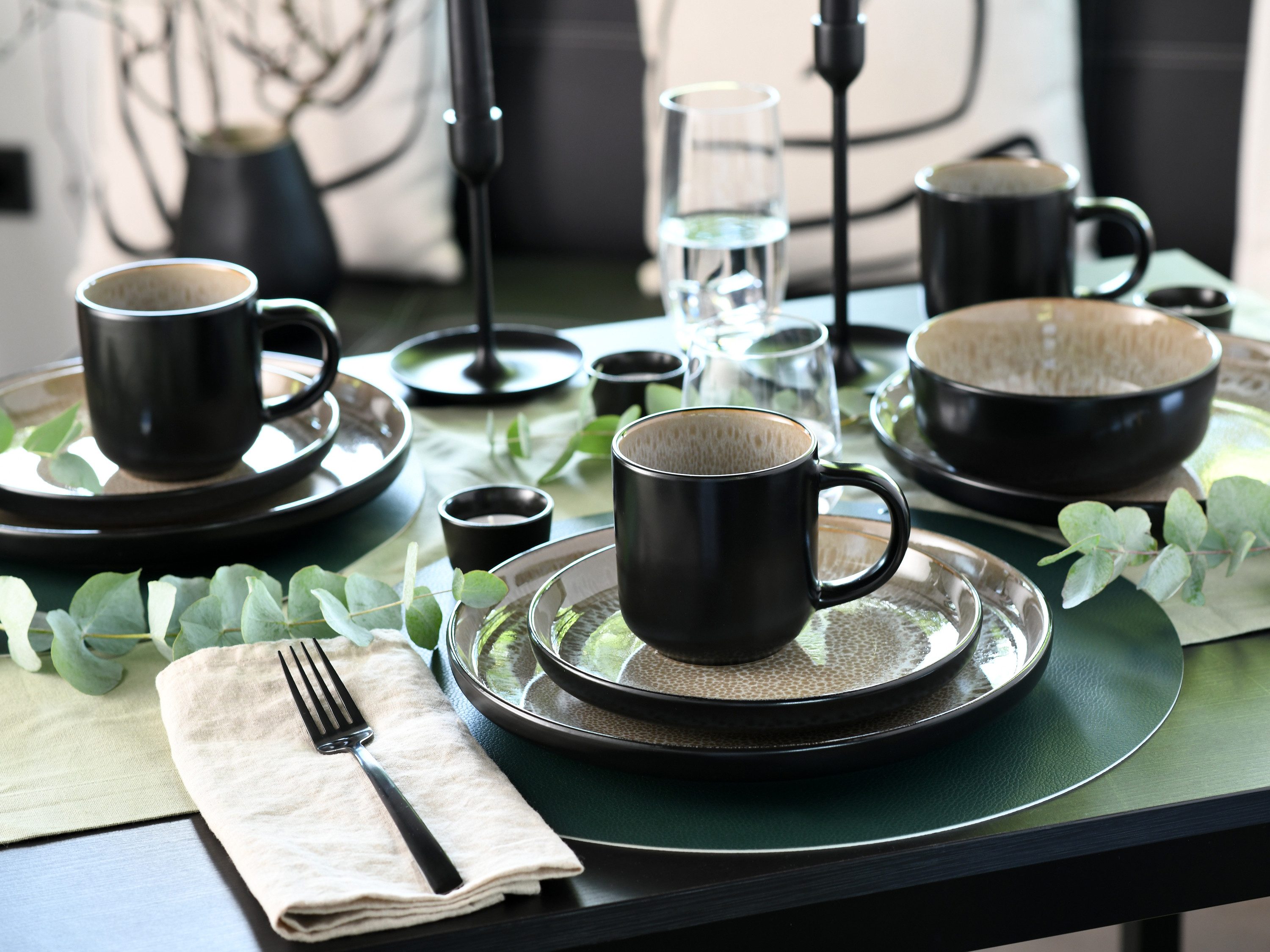 CreaTable Kombiservice Nordic Fjord Beige - Schwarz (16-tlg), 4 Personen, Steinzeug