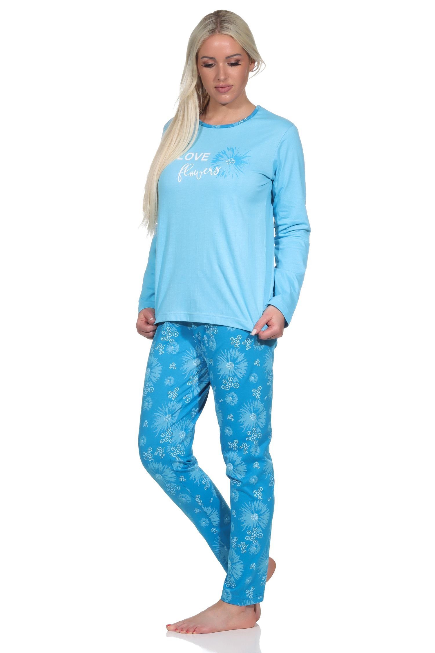 Normann Schlafanzug hellblau Verspielter Muster Damen Pyjama mit floralem lang, Pyjama