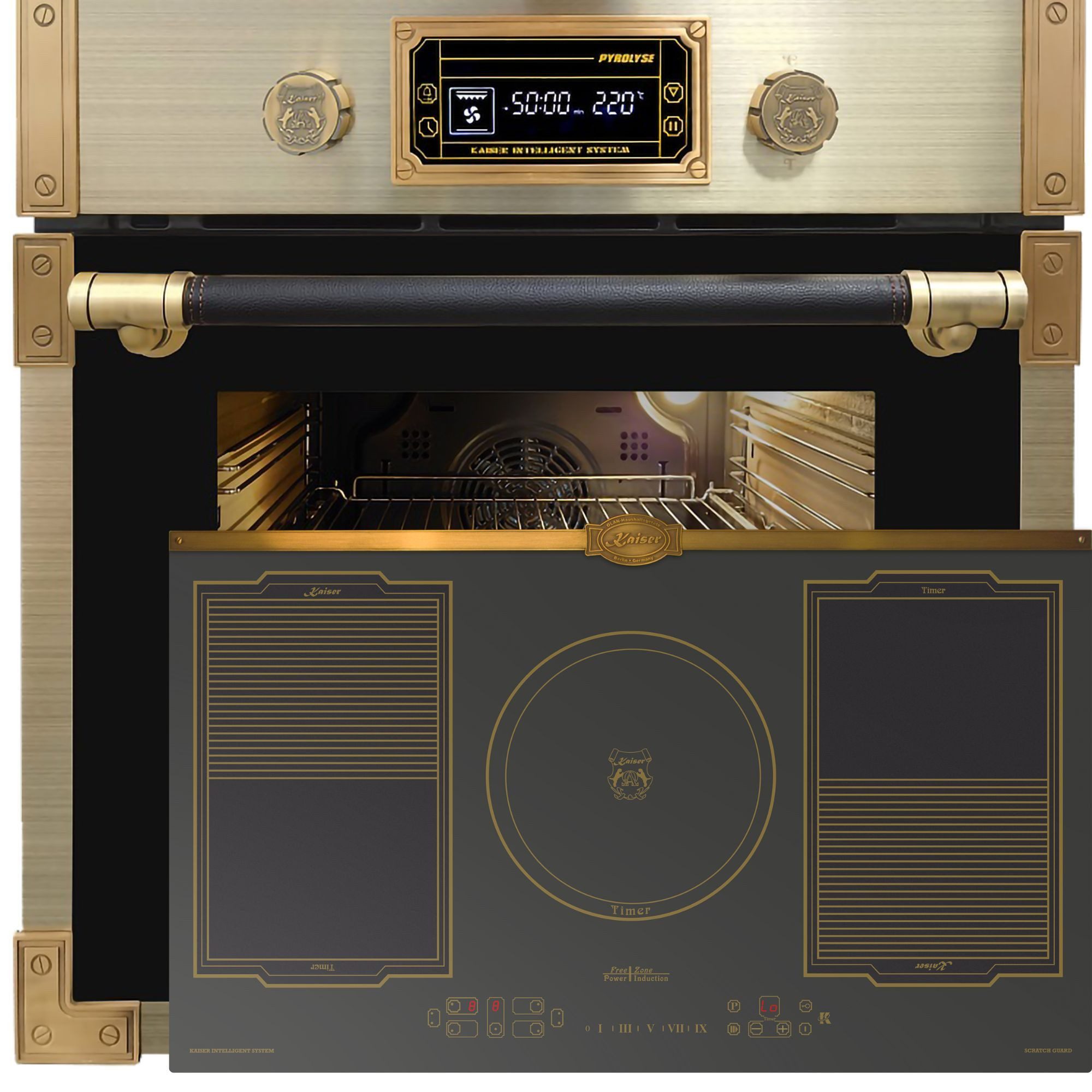 Kaiser Küchengeräte Backofen-Set Herd Set Autark Retro Pyrolyse Einbau Backofen 73L Anthrazitfarbiges Glas 60 cm+Induktionskochfeld 90 cm, FREE Zone, Autark, Scratch-Guard EH 6427 AD+KCT 9196 IEm ., mit 1-fach-Teleskopauszug