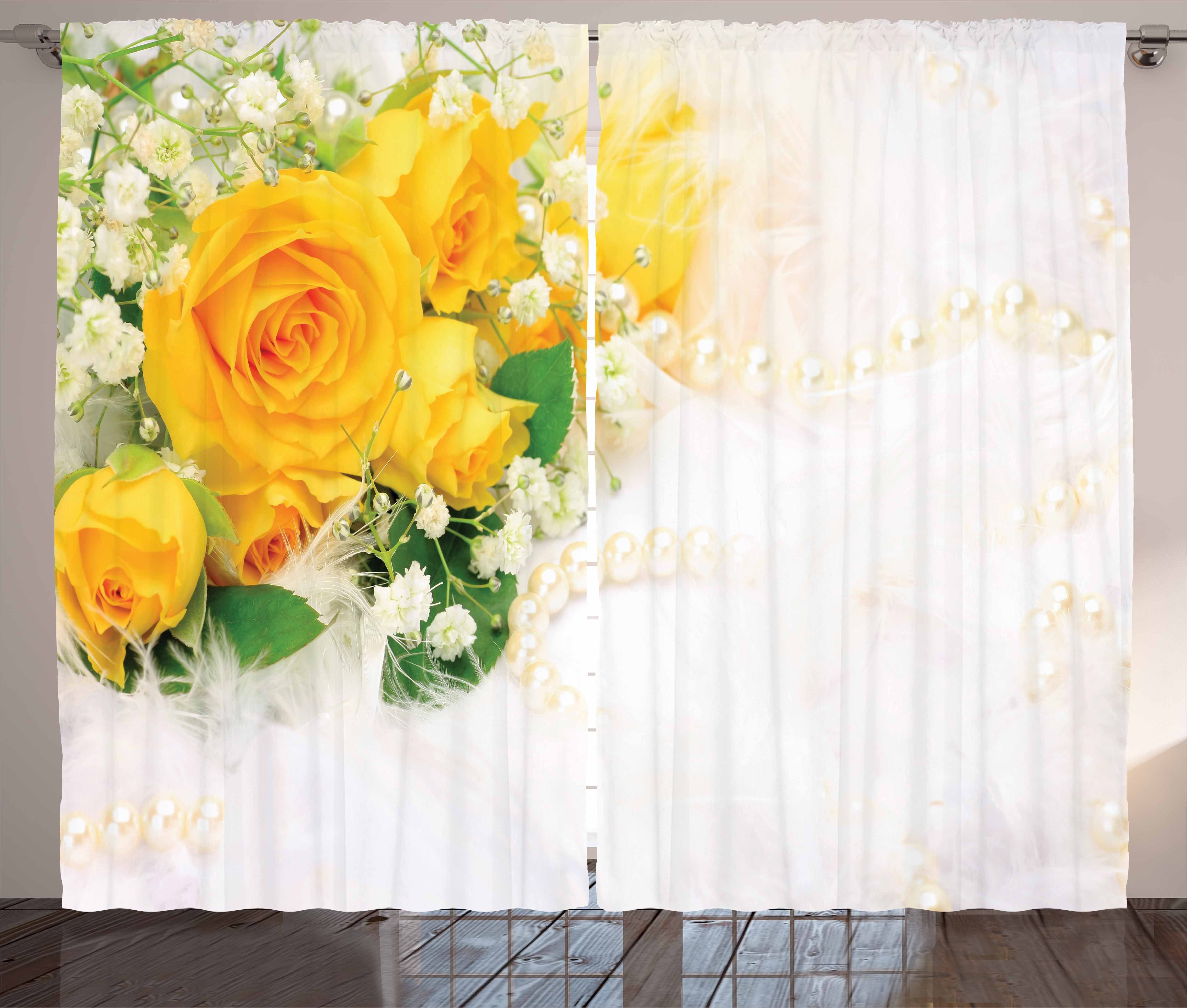 Gardine Schlafzimmer Kräuselband Vorhang mit Schlaufen und Haken, Abakuhaus, Gelb Blumenstrauß der romantischen Blumen