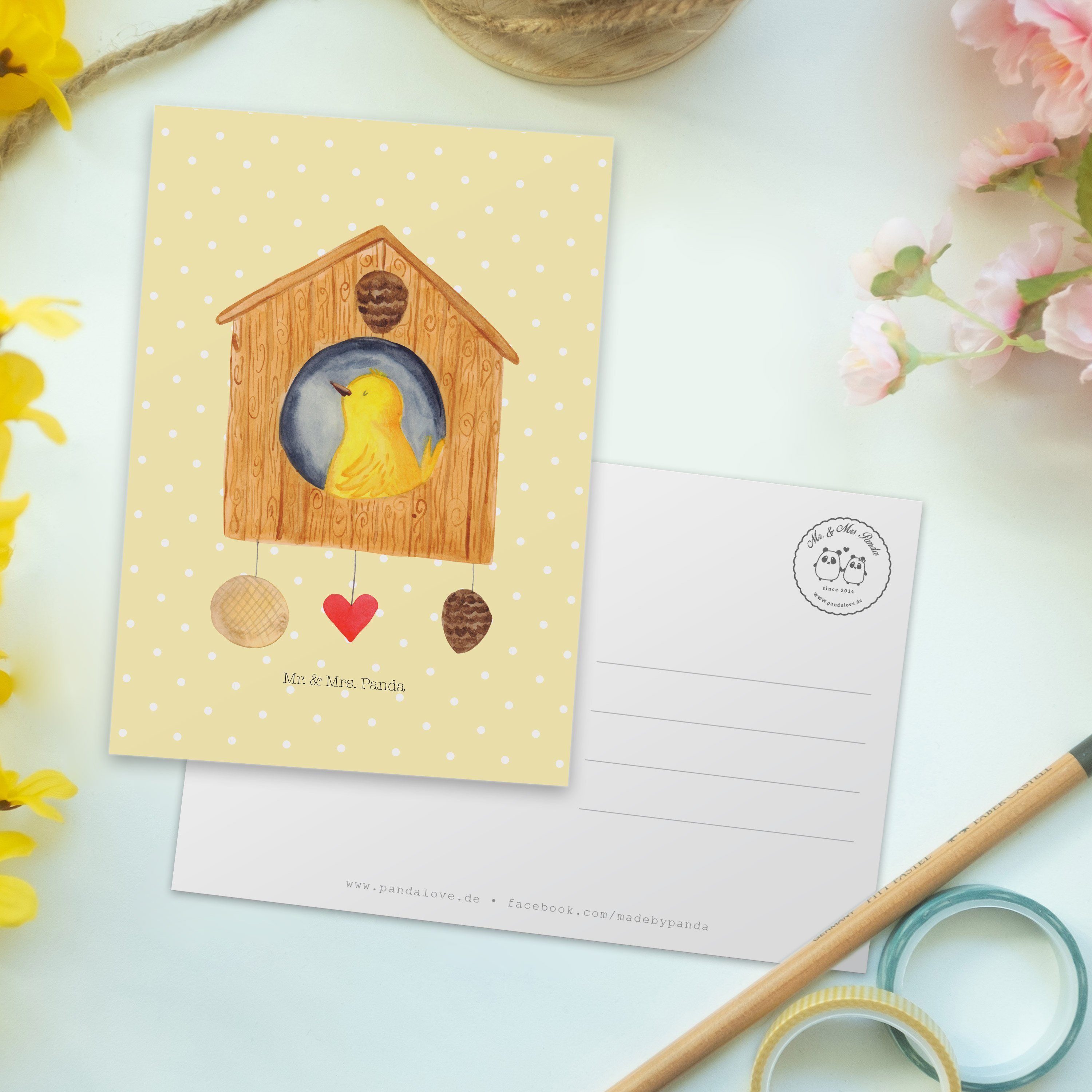 Mr. & Mrs. Ansichtskarte, Tiere - - Pastell Laune, Postkarte Geschenk, Vogelhaus Gelb Gute Panda