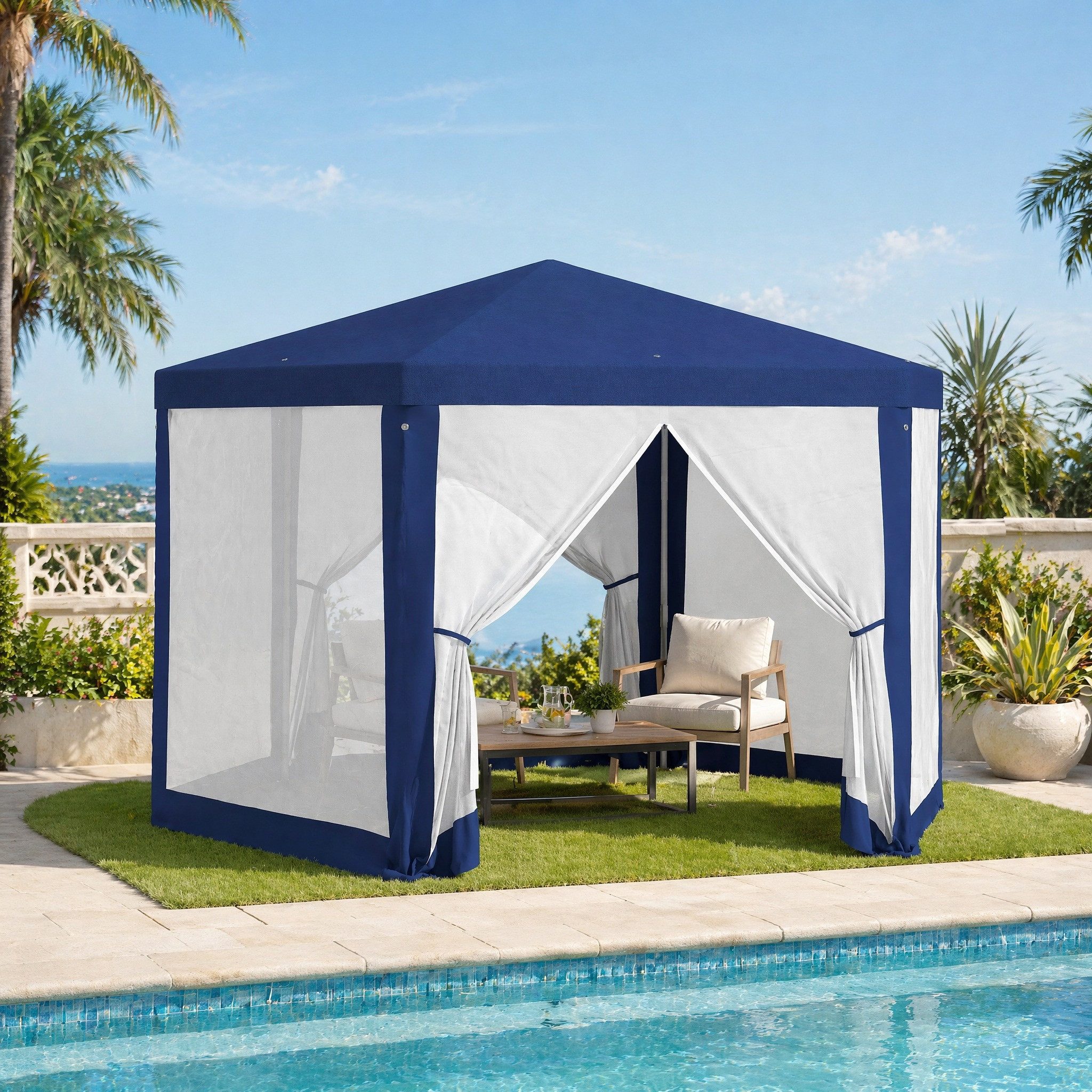 MODFU Pavillon Gartenpavillon 394x341,2x250 cm sechseckig blau, mit 6 Seitenteilen, 6 Seitenwände Outdoor Zelt Stabil Aufbau Garten Camping Nutzung