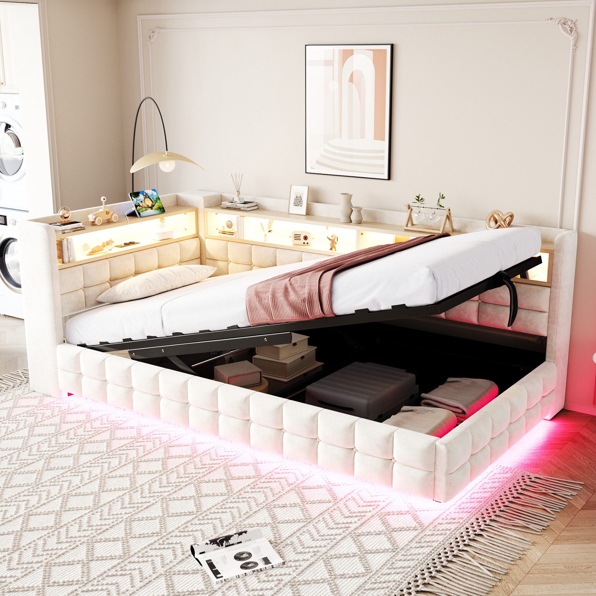 Merax Daybett mit LED-Beleuchtung und USB-Ladeanschlüssen (Jugendbett Kinderbett Einzelbett Sofabett aus Samtstoff, 1 tlg), Polsterbett Tagesbett 90x200cm mit hydraulischem Stauraum & Staufächer