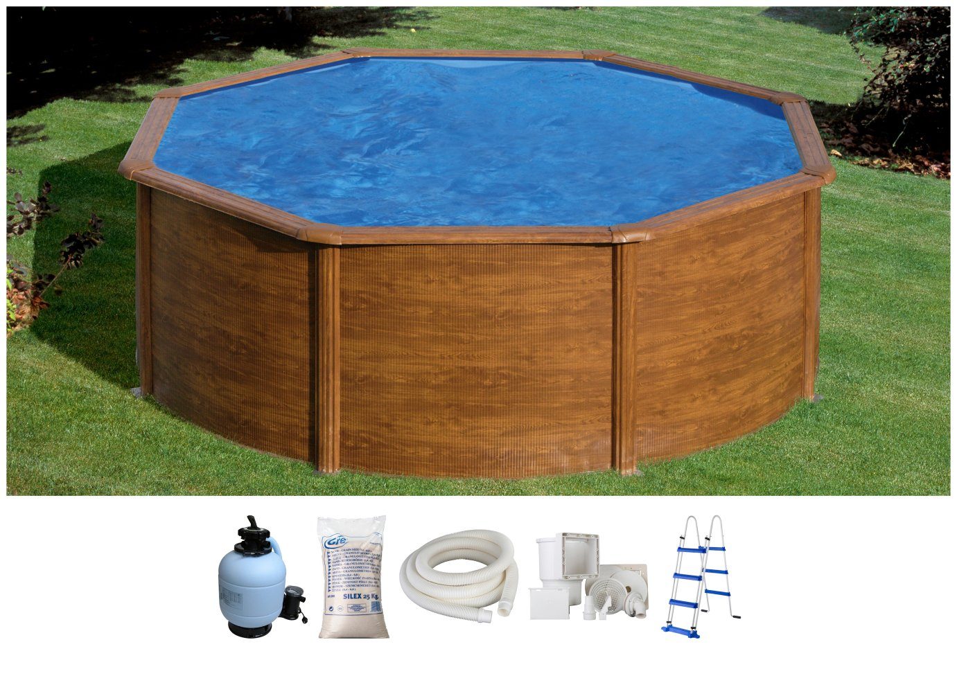 Gre Rundpool Galapagos KIT350W (Set), 6-tlg., ØxH: 350x120 cm, Holzoptik