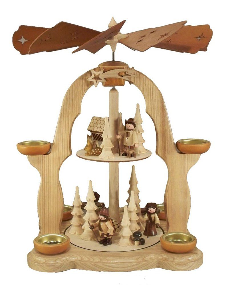 Holz- und Pyramide mit - Germany Legler doppelstöckig Made Hergestellt in im Teelichter, Drechslerwaren Erzgebirge Weihnachtspyramide Waldleute