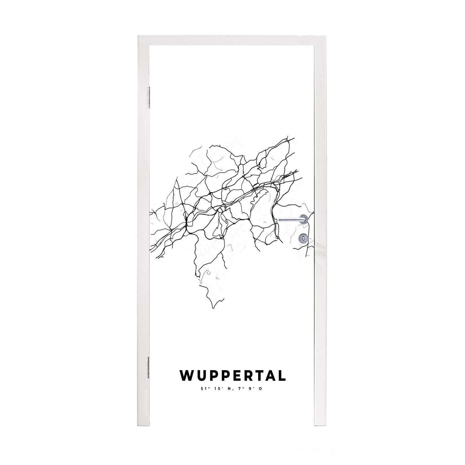 - Schwarz-Weiß Karte (1 75x205 Stadtplan - bedruckt, - Wuppertal Türaufkleber, - - Deutschland cm Tür, Karte, Türtapete St), Matt, für Fototapete MuchoWow