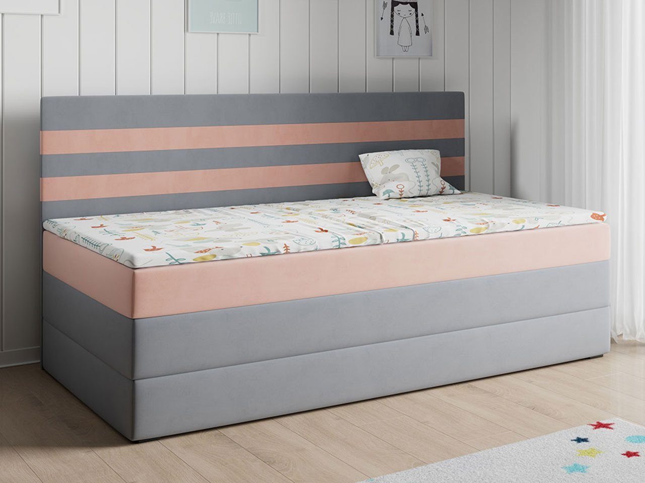 MKS MÖBEL Kinderbett MIKO 2, Jugendbett Mit Stauraum Boxspringbetten für Kinderzimmer, 90x200 Grau und Rosa