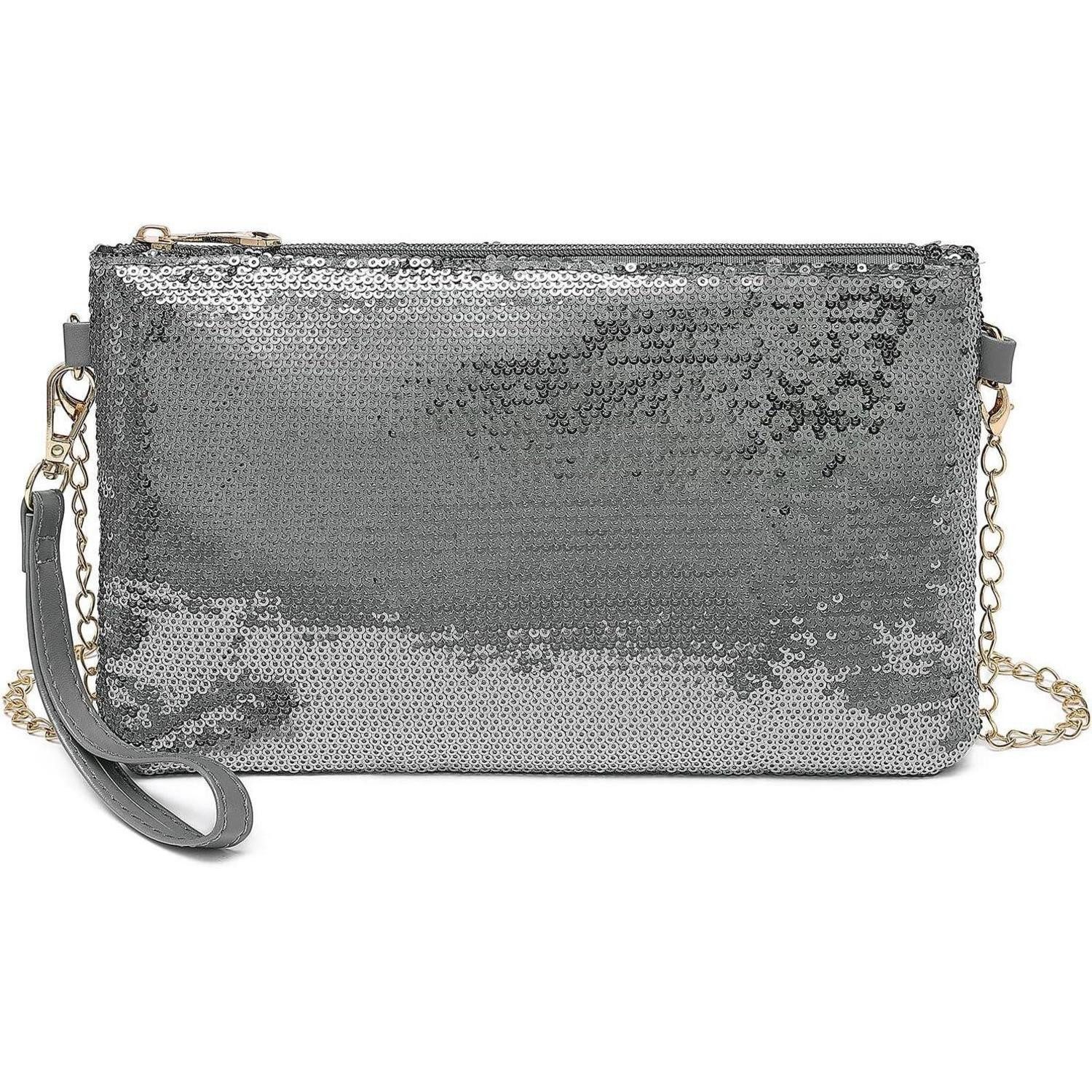 LuxusKollektion Abendtasche Clutch Pailletten Mini Kettentasche Damen Hochzeit Date Silber