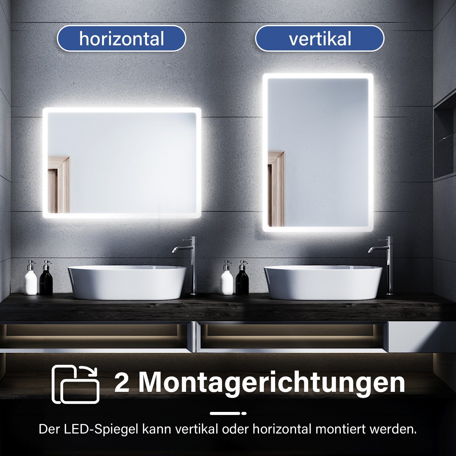 cm,Wandschalter, Badspiegel 80×60 SONNI Wandspiegel, Lichtspiegel Badezimmerspiegel, mit IP44 Beleuchtung, Badspiegel, Badspiegel, LED