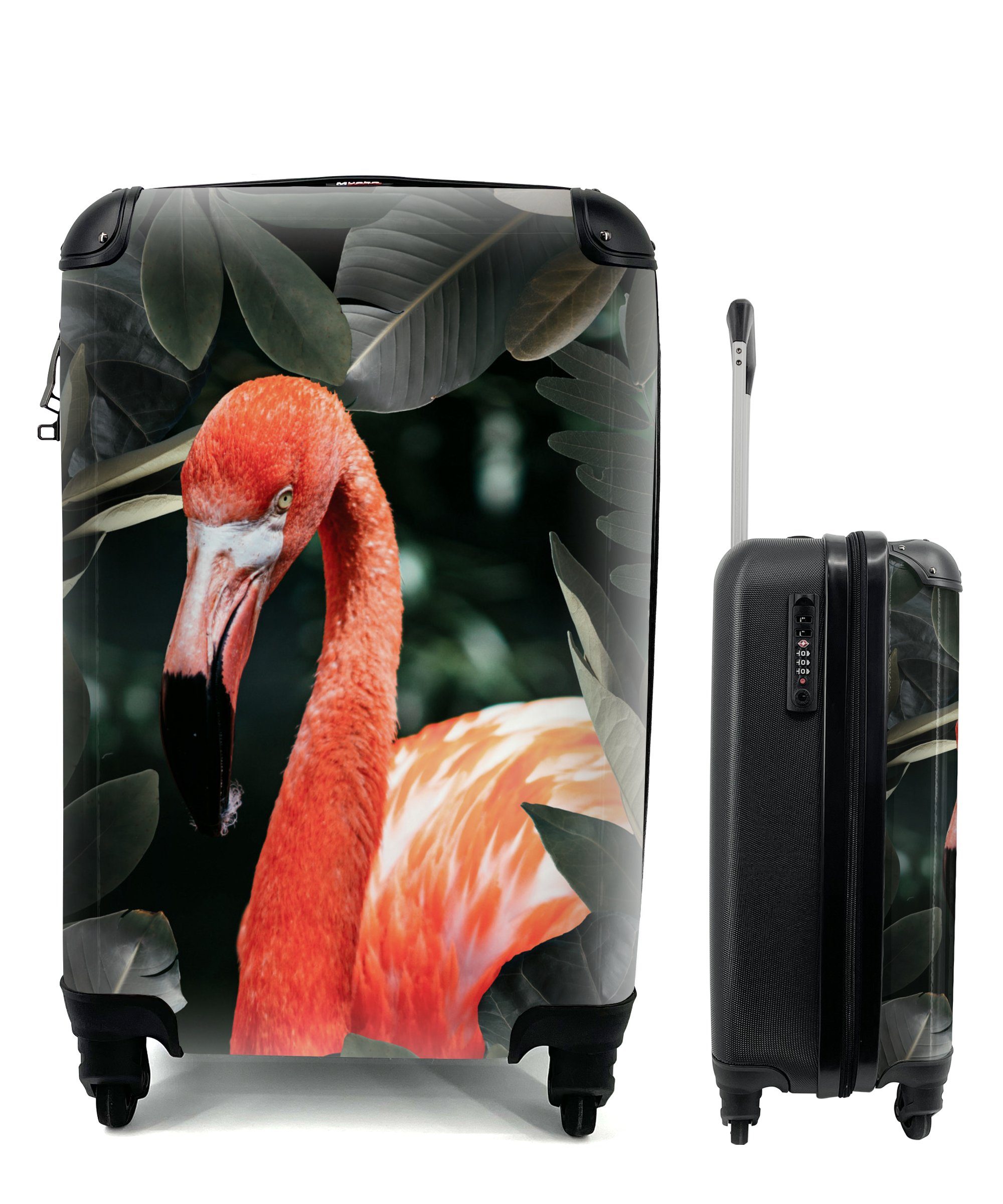 MuchoWow Handgepäckkoffer Flamingo - Blätter - Grün, 4 Rollen, Reisetasche mit rollen, Handgepäck für Ferien, Trolley, Reisekoffer