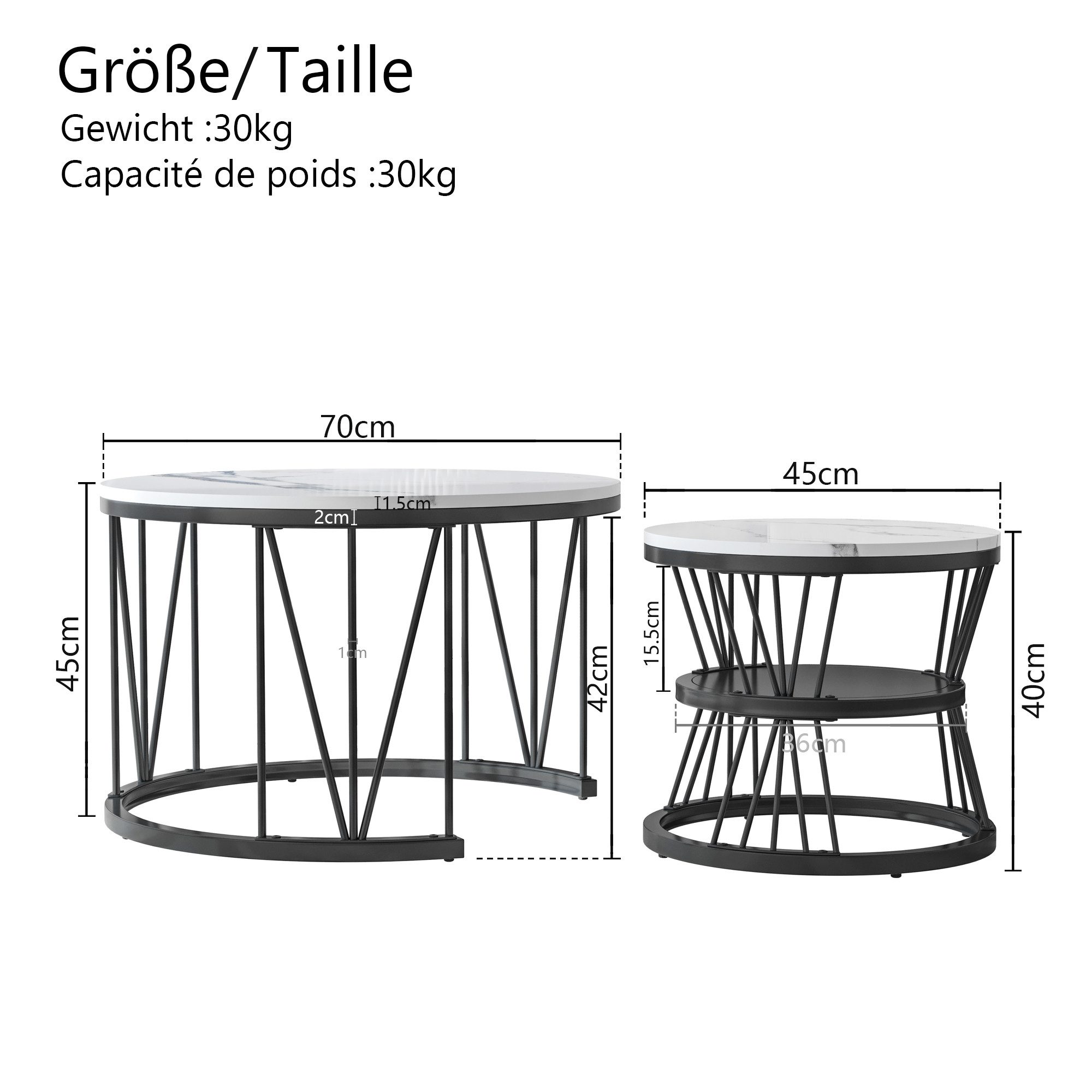 NMCXXO Couchtisch Elegantes 2er Set Couchtische aus Metall und Marmor (2-St., Platzsparendes stapelbares Design), Moderne, robuste Beistelltische im industriell – Bild 3 von 5