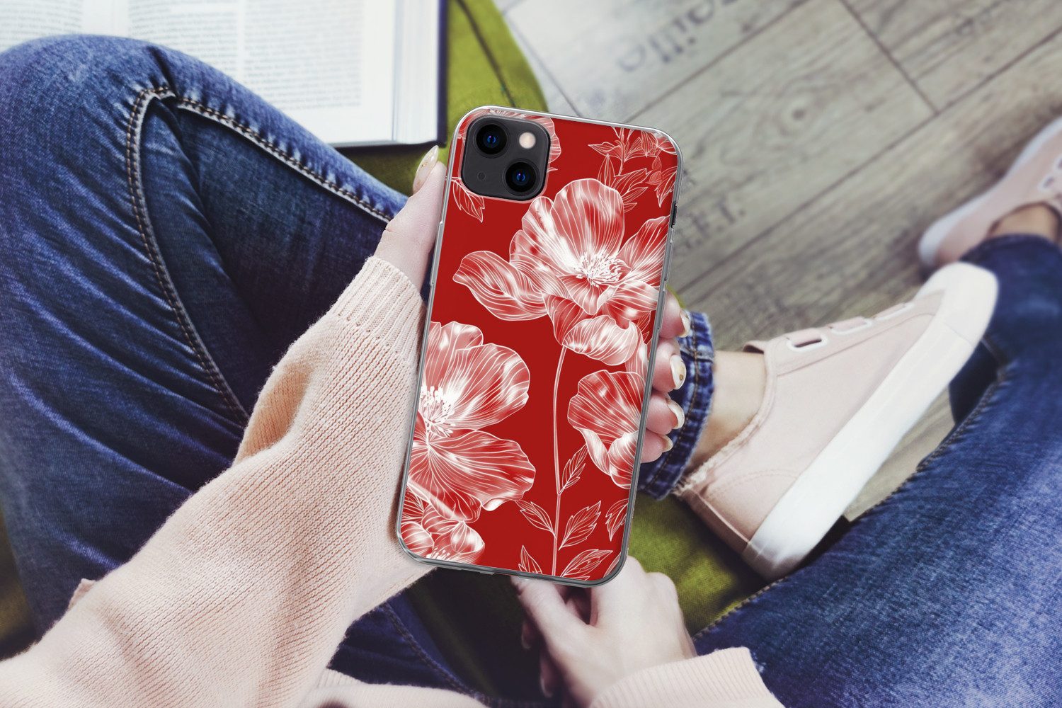 MuchoWow Handyhülle für Apple iPhone 13 mini Blumen - Muster - Rot - Weiß, Smartphone-Bumper, Print, Handy Schutzhülle Dünn