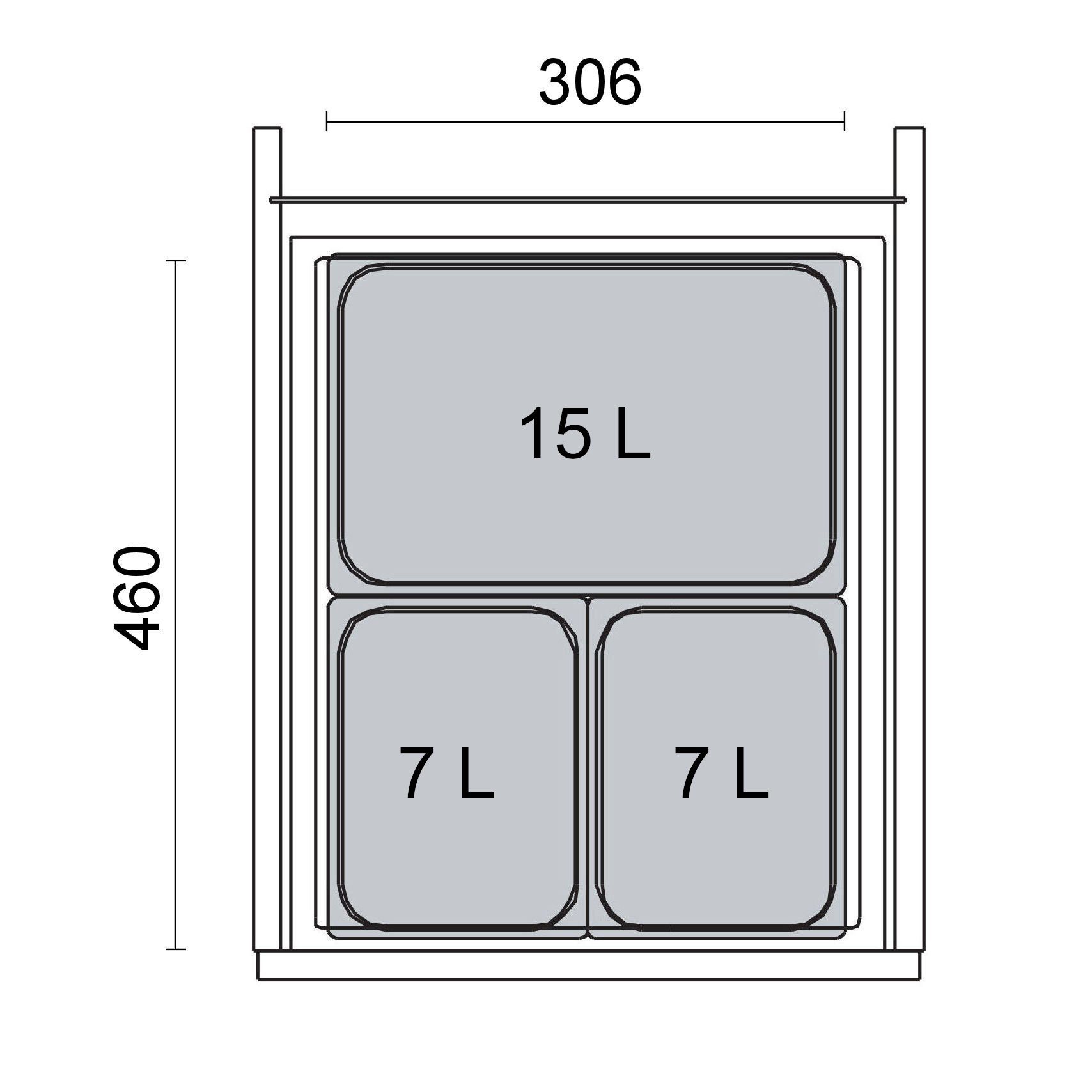 SO-TECH® Mülltrennsystem eins2vier KB 450 mm, Seitenstärke 16 mm Höhe 250 mm, 2x 7L, 1x 15L, 1x 45er Bodenplatte, 1x 45er Deckelplatte