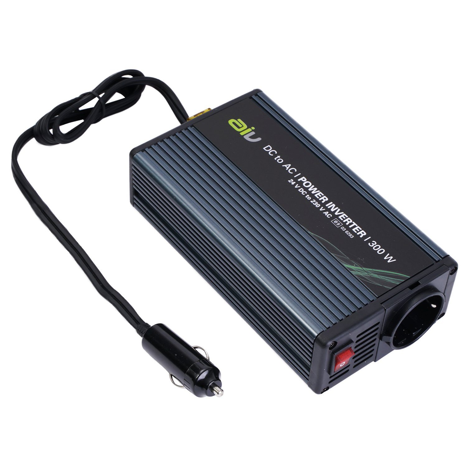 AIV Spannungswandler 24V auf 230V 300W/600W Audio-Kabel, Zigarettenanzünder, Steckdose, 24V DC zu 230V AC Wechselrichter, Strom-Adapter für Auto PKW Camper Wohnmobil Caravan Boot etc