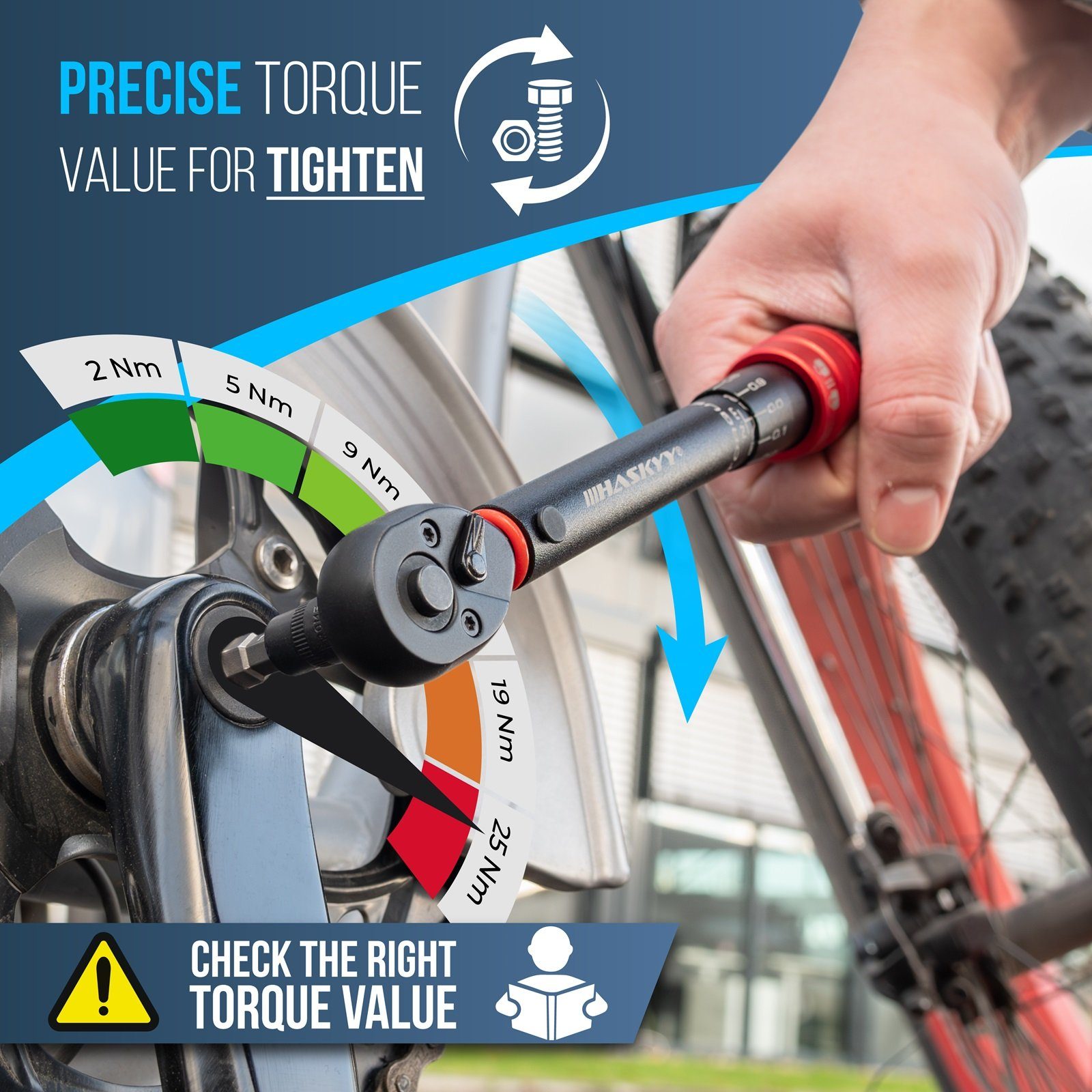 HASKYY Drehmomentschlüssel Drehmomentschlüssel Set 1/4" 2-25Nm mit Nüssen Bits Fahrrad Bike Motor