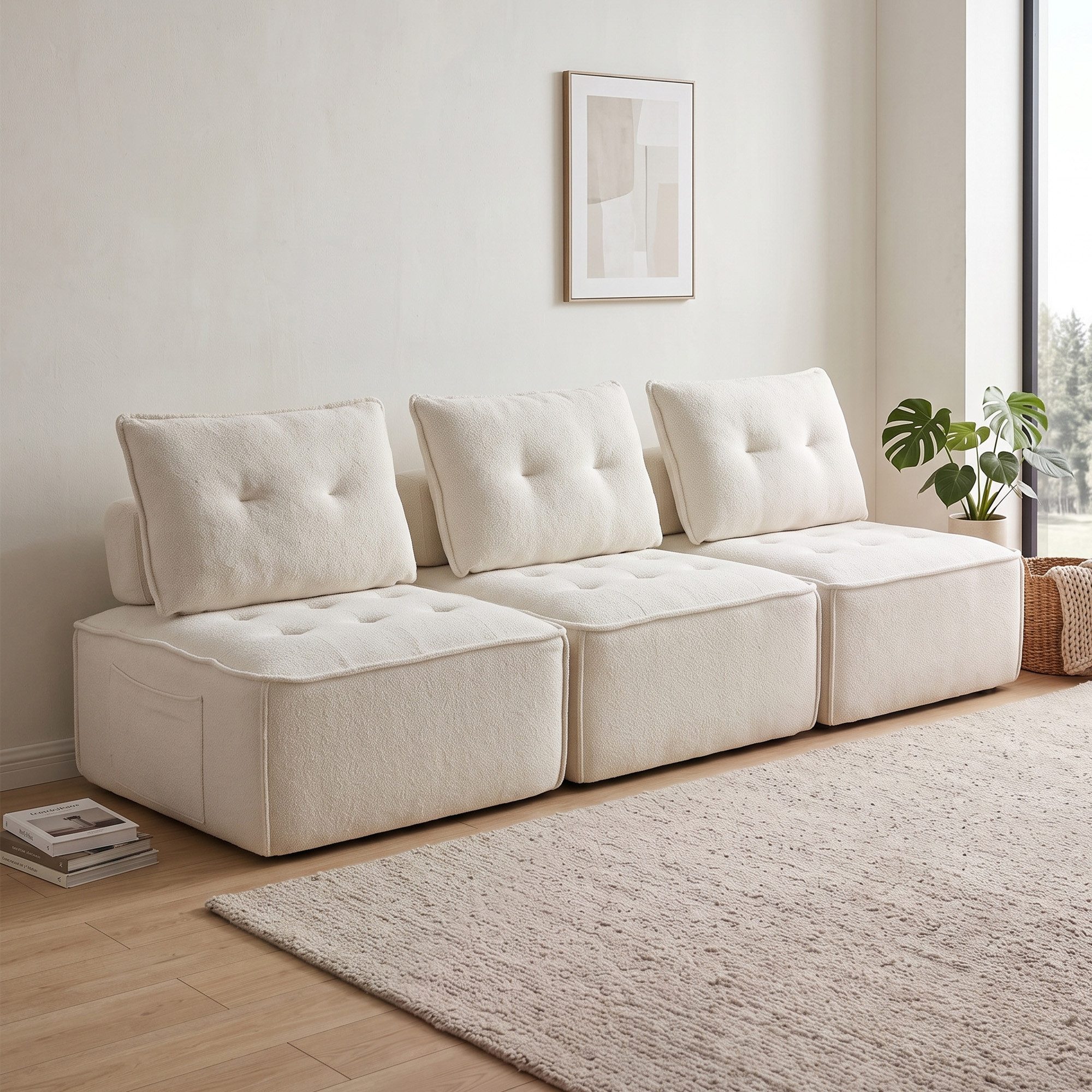 GLP Sofa Modulsofa mit Teddy-Bezug und Vollschaumkern, rahmenloses Bodensofa, 3 Sofamodule 252 x 84 cm, mit Rückenpolstern und Stützrollen, ohne Montage, bis 150 kg je Modul