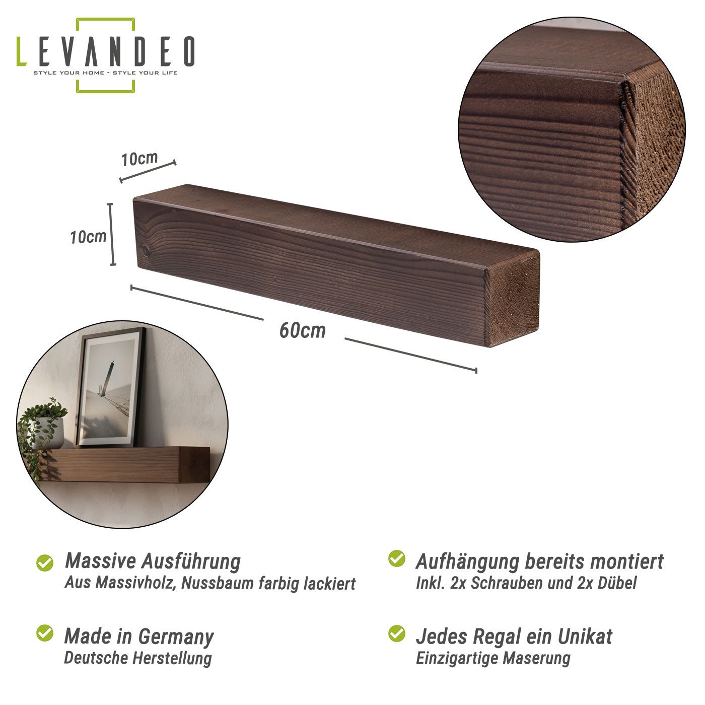 Levandeo® Wandregal, levandeo Wandregal Holz Massiv 60x10cm Nussbaum Farbig Wandboard