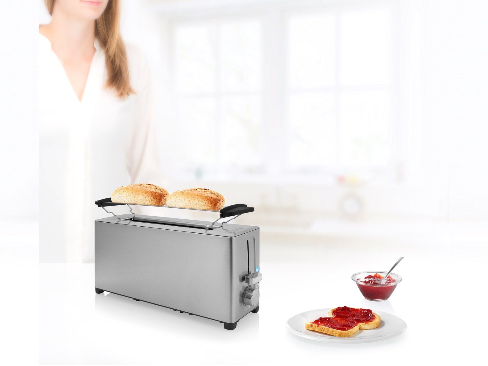 PRINCESS Toaster, 1 langer Schlitz, 1050 W, Toastmaschine schmal 1 langer Schlitz Toster mit Brötchenaufsatz