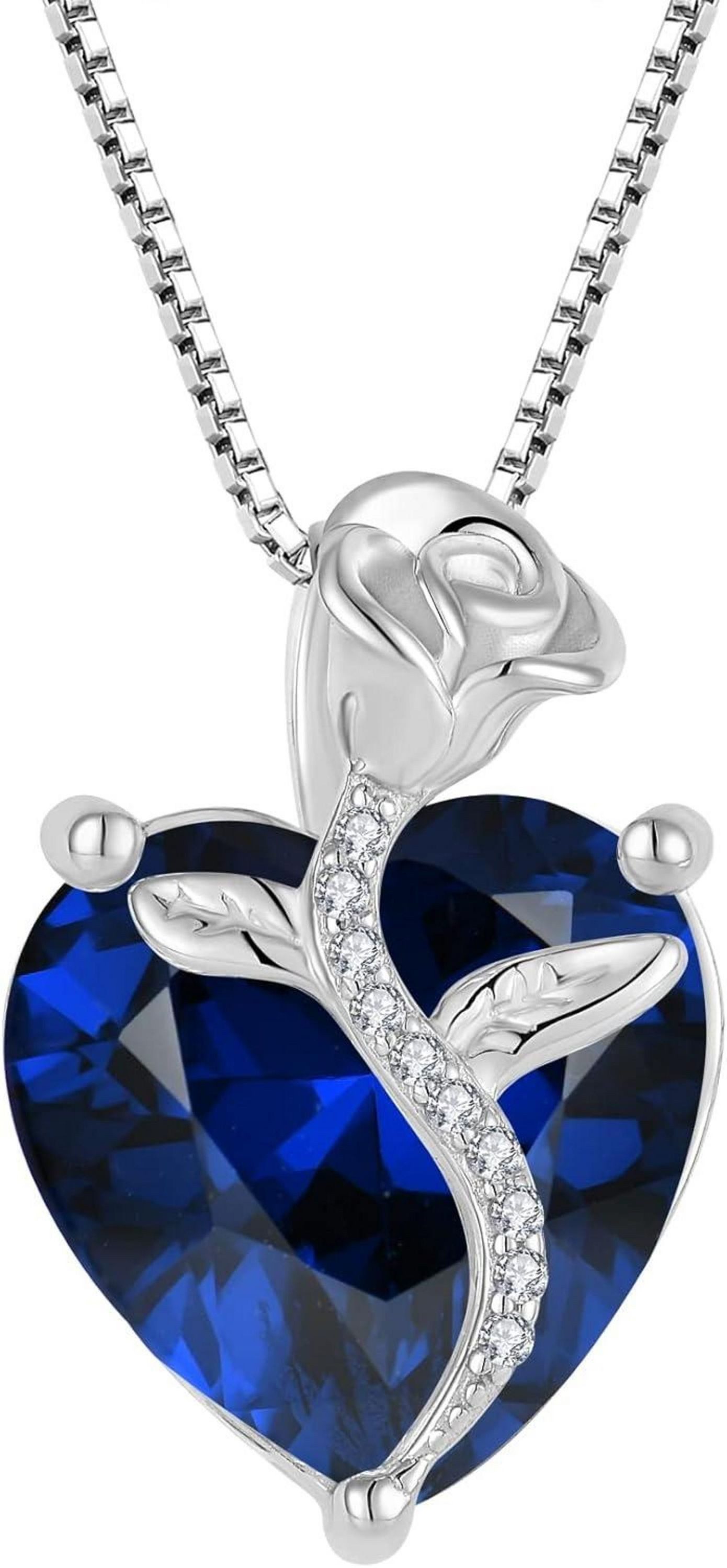 Kette und Anhänger Set Herz Kette Damen 925 Sterling Silber Geburtsstein Anhänger Saphir