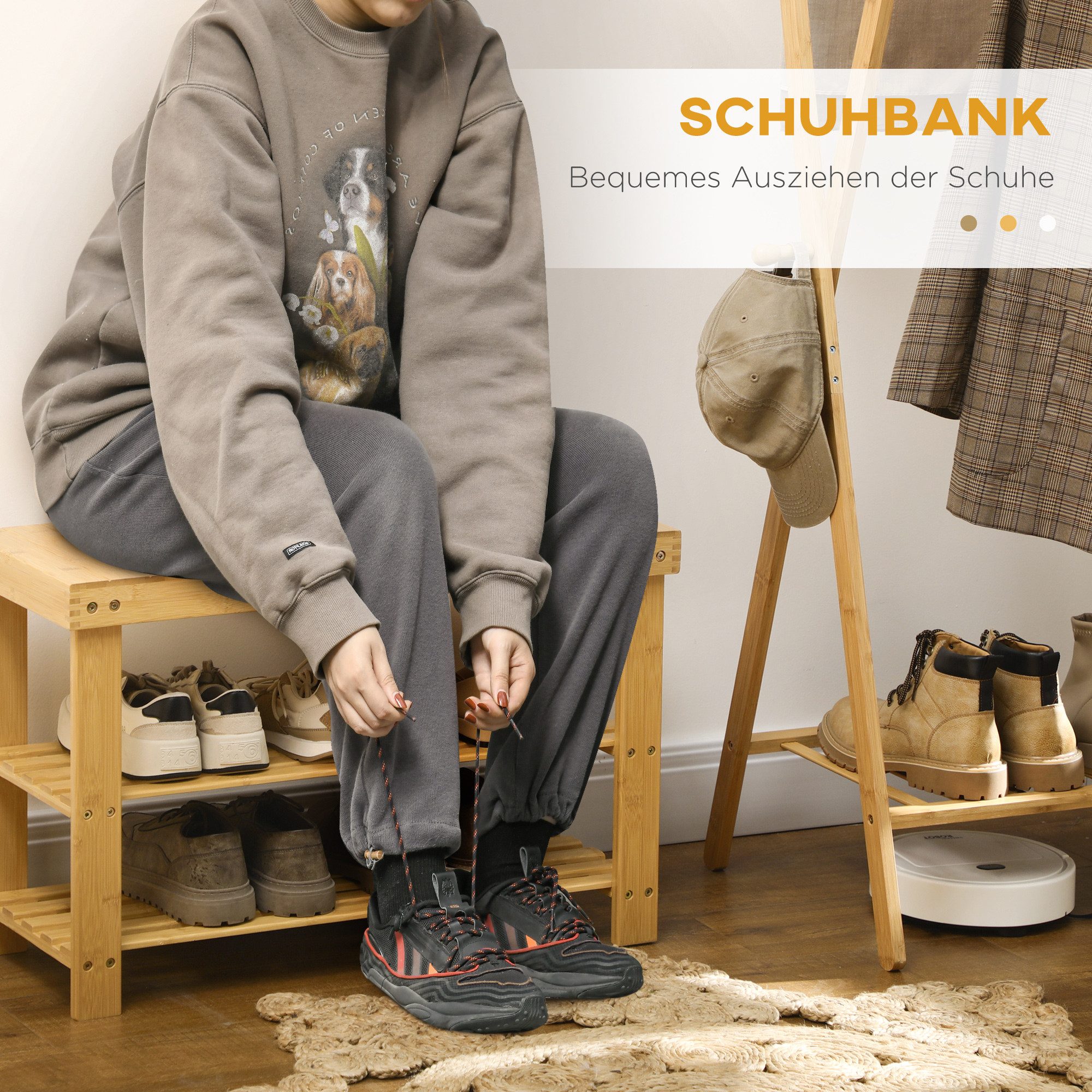 OKWISH Schuhbank Regal aus Bambus 70x28x45 cm mit 3 Etagen für 6 Paar Schuhe (Packung, 1-St., Garderobenbank & Schuhregal in natürlicher Holzoptik), Praktische Aufbewahrungslösung für Flur, Eingang & Schlafzimmer