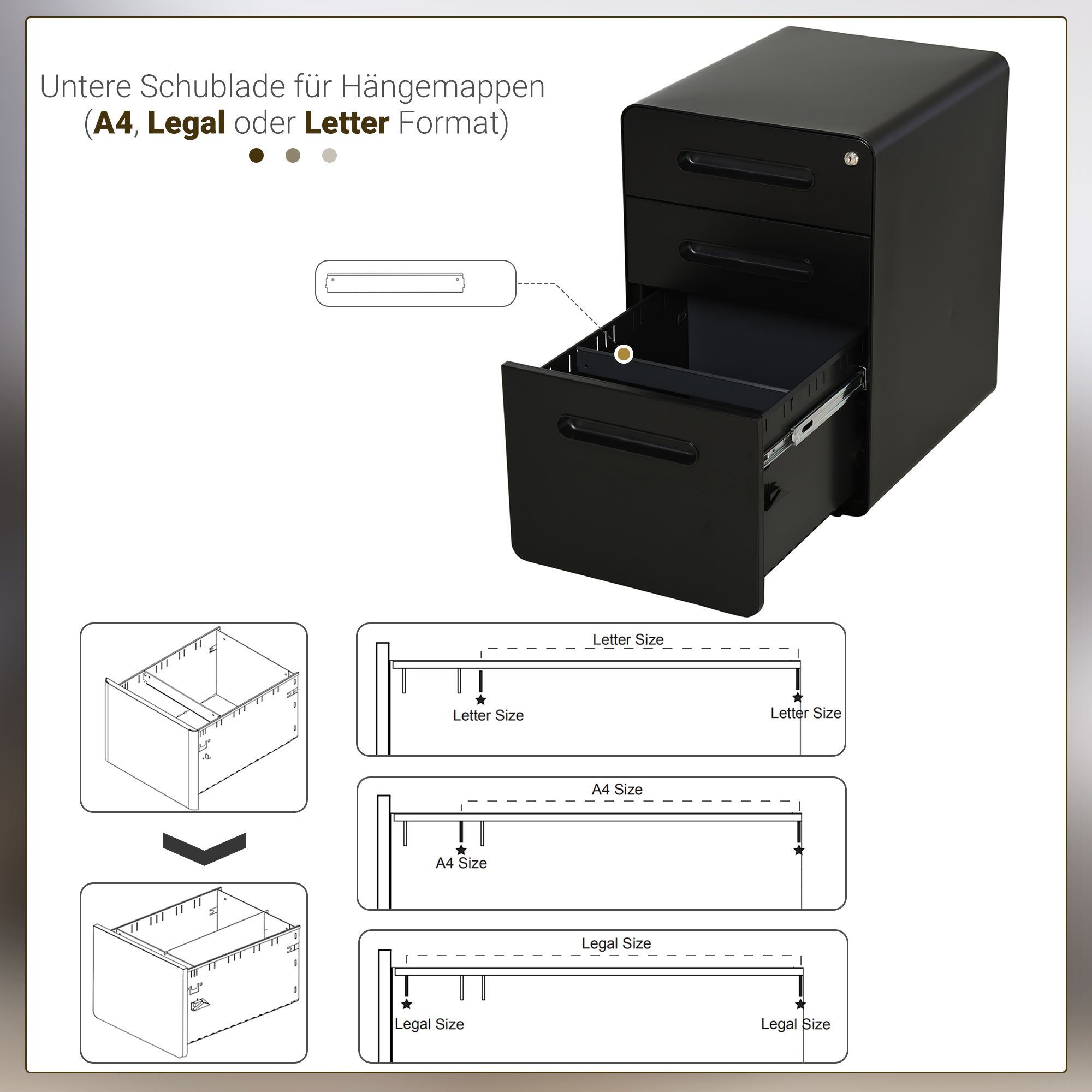 (Set, mit Schubladen Aktenschrank), Stahl 3 1 Vinsetto Aktenschrank, St., Bürocontainer Rollcontainer Schwarz