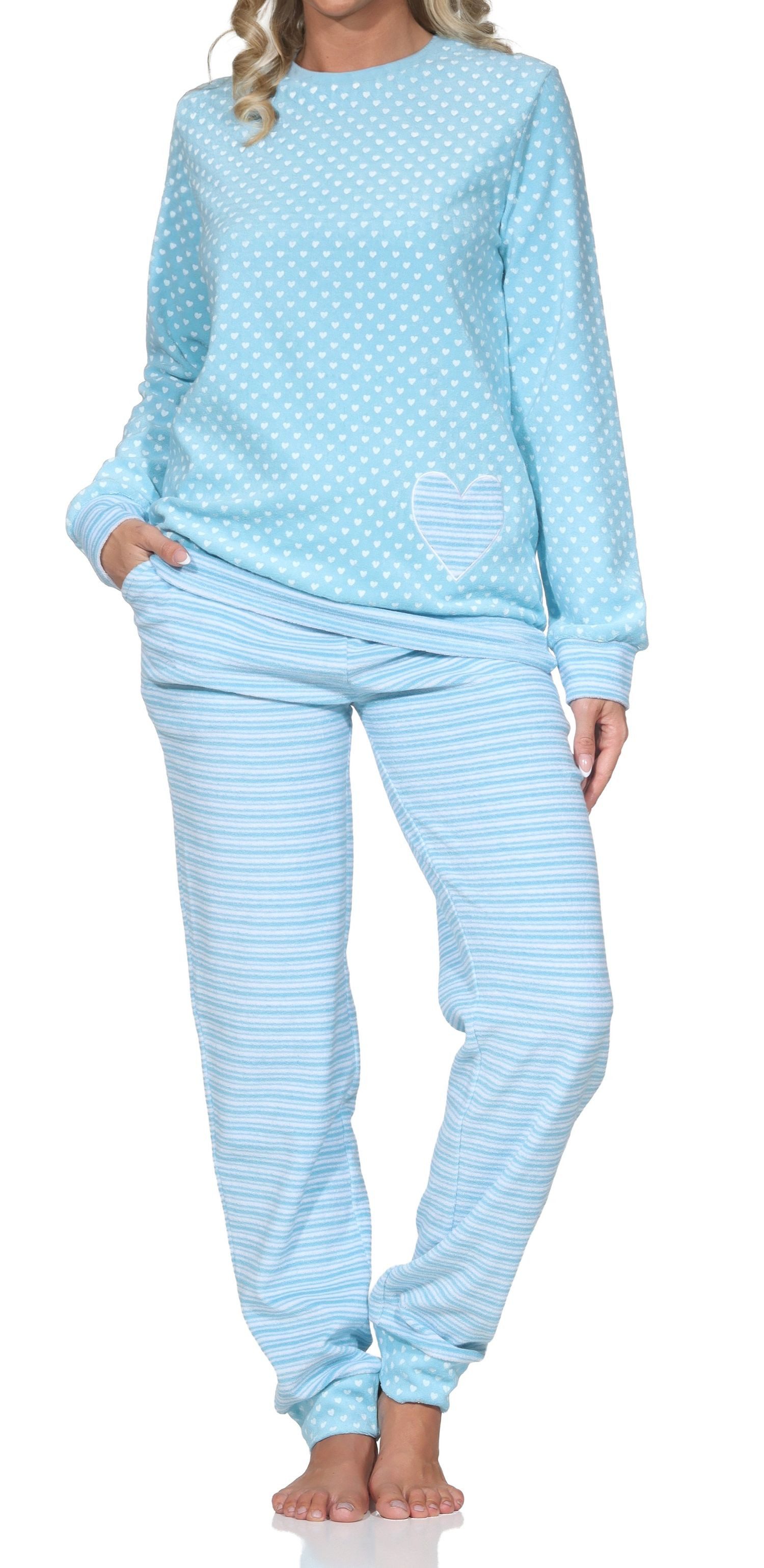 Normann Pyjama Normann Damen Frottee Pyjama mit Bündchen in Tupfen- und Ringeldesign – Bild 3 von 3