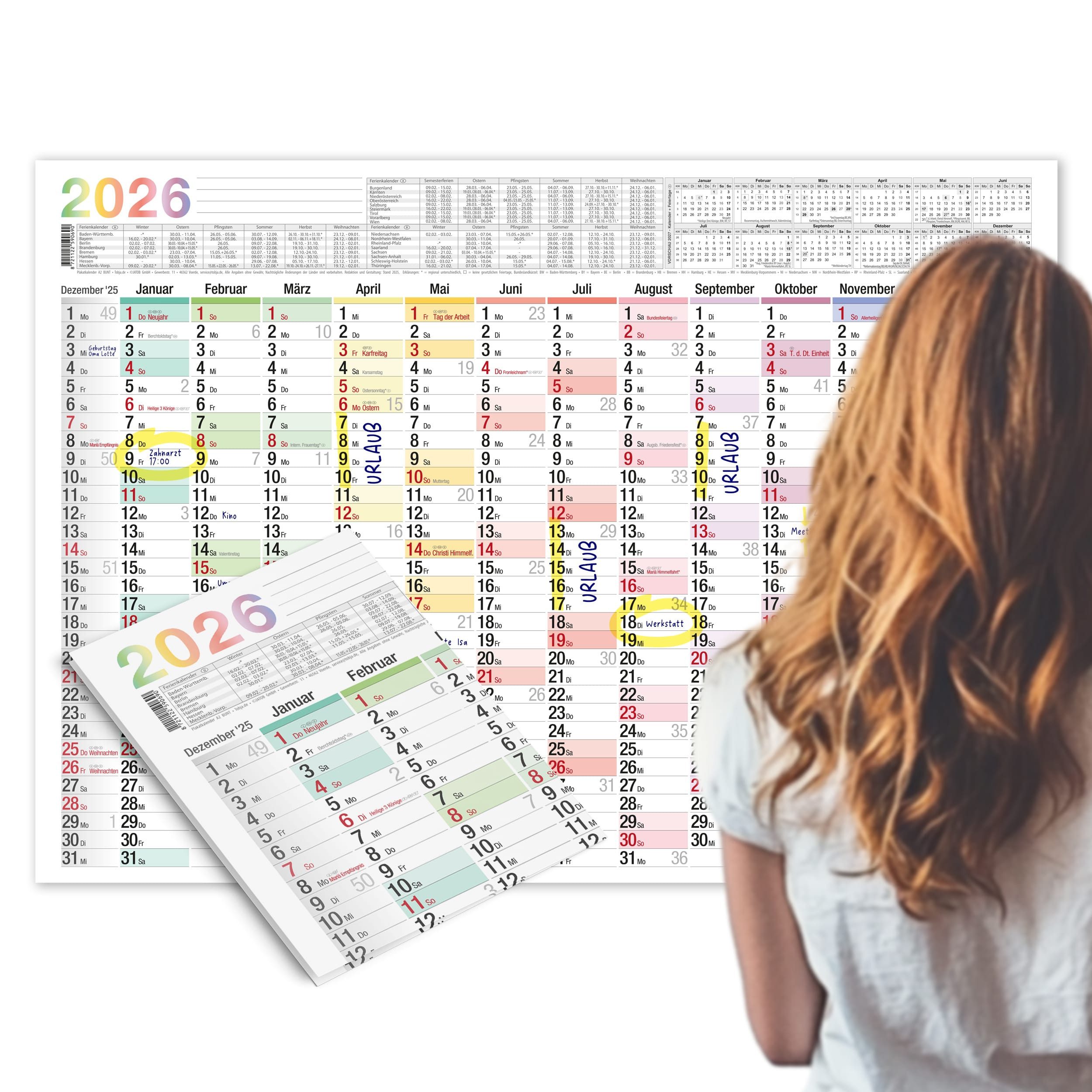 TOBJA Wandkalender A2 Kalender 2026 "bunt" Jahreskalender, Wandkalender 60x42cm Wandplaner Jahreplaner Urlaubsplaner