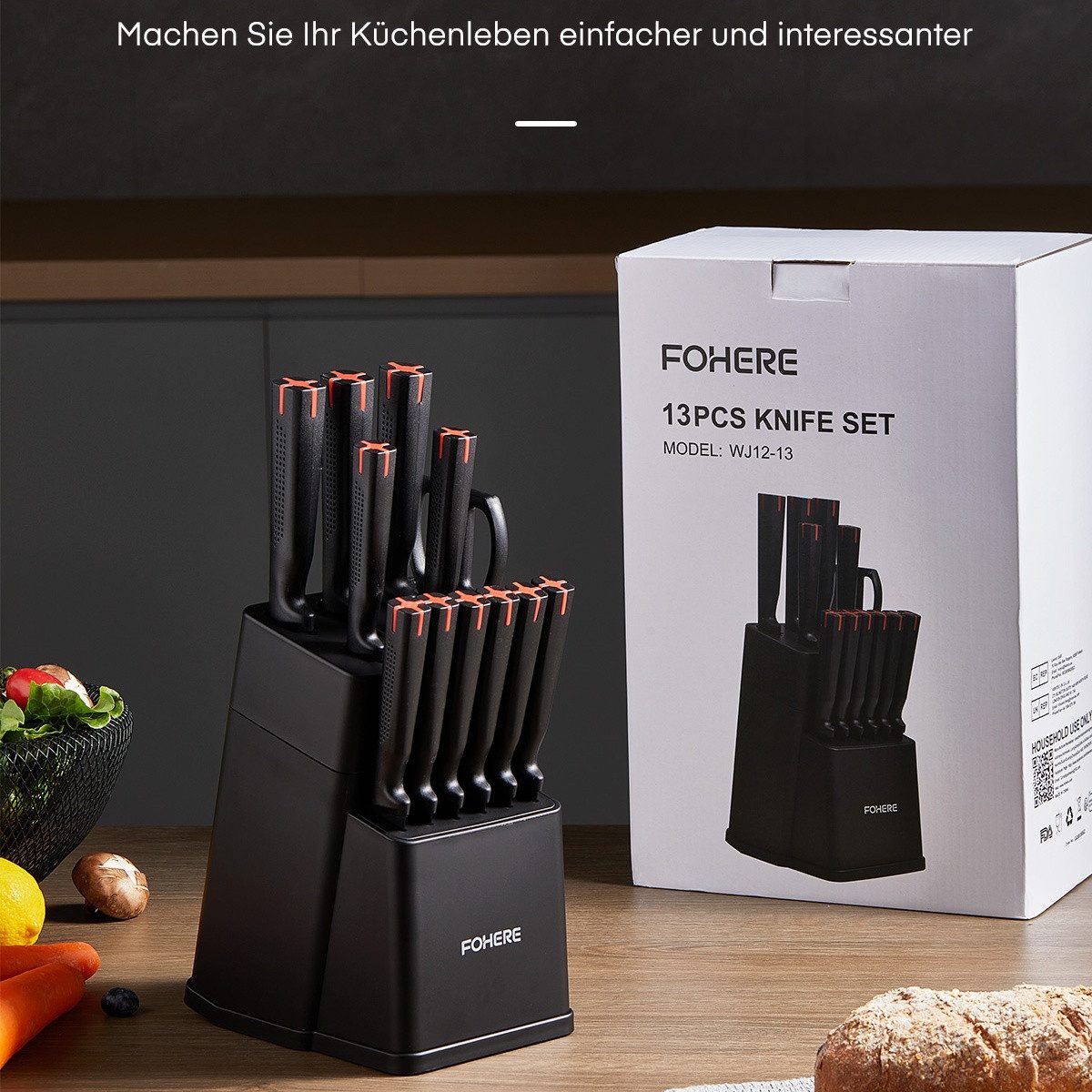 FOHERE Messer-Set 13-teiliges Messerset mit Block und Integriertem Schärfer (13-tlg), hochwertige Edelstahlklingen mit schwarzer Antihaft-Beschichtung