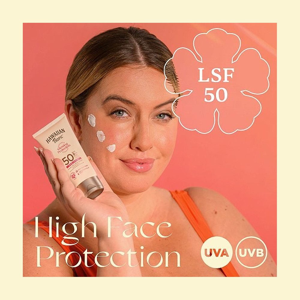 Hawaiian Tropic Sonnenschutzcreme Glowing Protection Face Cream LSF 50 (50 ml), verleiht strahlenden Glow