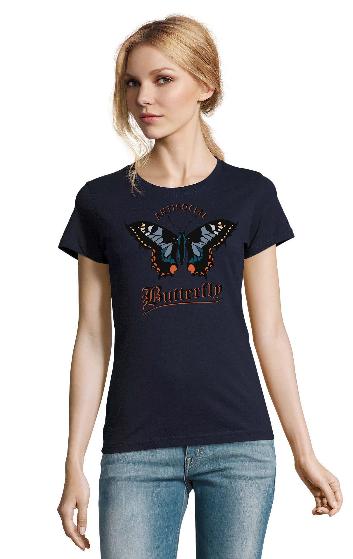 Blondie & Brownie T-Shirt Süßes Schmetterling Butterfly Natur Antisocial Damen Shirt Motiv Damen T-Shirt Butterfly Antisocial Schmetterling Natur Regular Fit Tee