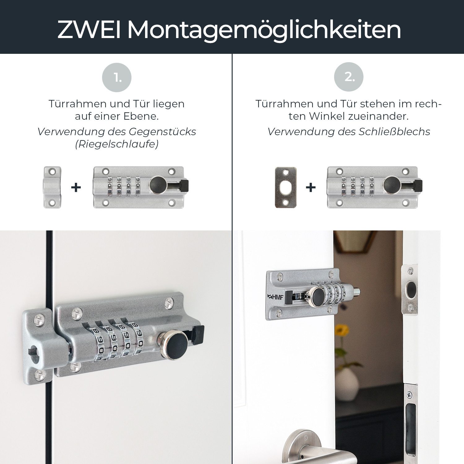 HMF Bolzenriegel Riegelschloss 3591-09, Türriegel mit 4-stelligem Zahlencode, Din Rechts und Din Links, aus Zinklegierung, 12,2 x 4 x 4,8 cm, Silber