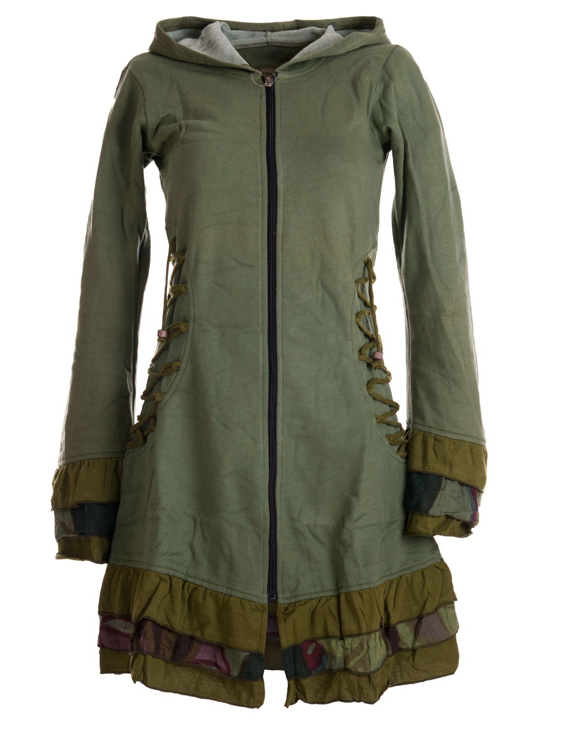 Vishes Langjacke Elfenmantel mit Zipfelkapuze, Rüschen zum Schnüren Boho, Hippie, Elfen, Goa Style olive