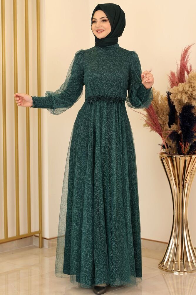 Hijab Abiye Maxikleid silbriges Abaya Smaragd-Grün Abendkleid langärmliges Modavitrini Tüllkleid Kleid