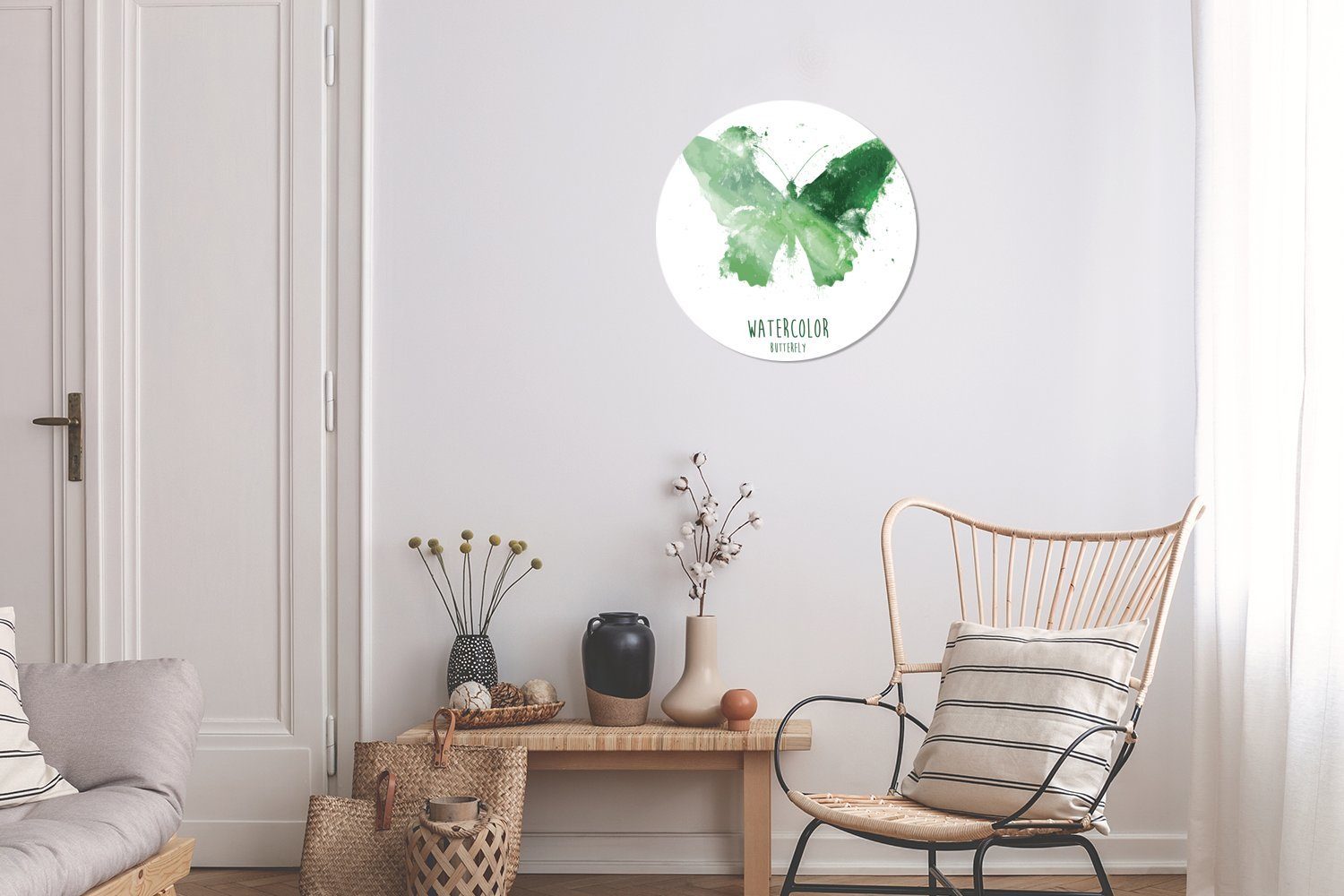 MuchoWow Gemälde Eine St), 30x30 (1 Rundes Kreis Wanddekoration eines Wohnzimmer, Wandbild, Illustration Forex, grünen cm Schmetterlings
