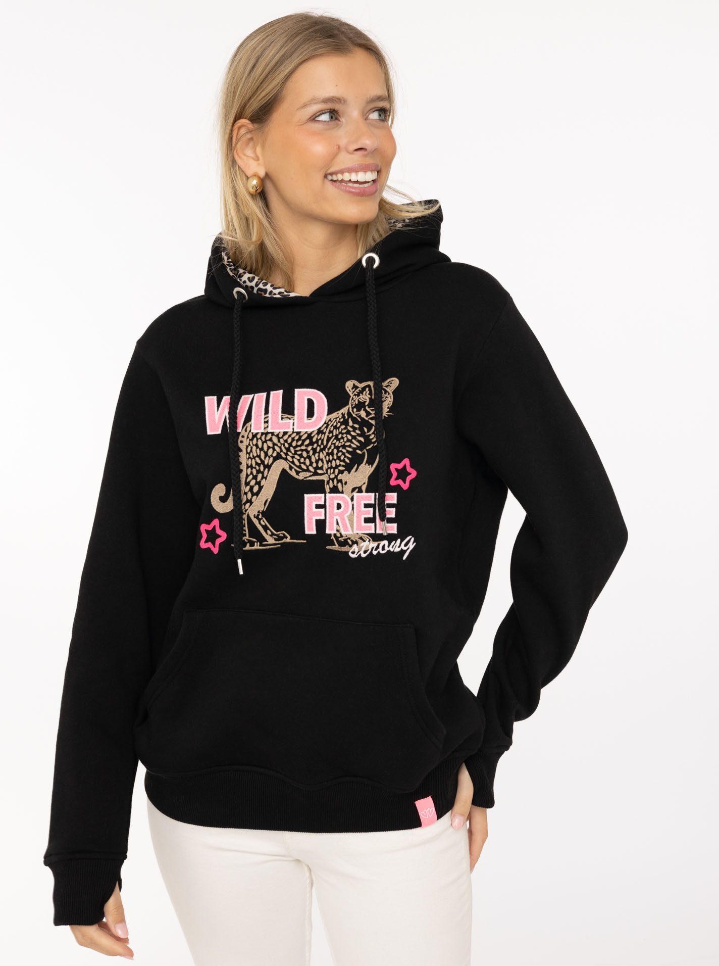 Zwillingsherz Hoodie "Wild Free" gestickter Leopard, Statement Schriftzug, Kapuze