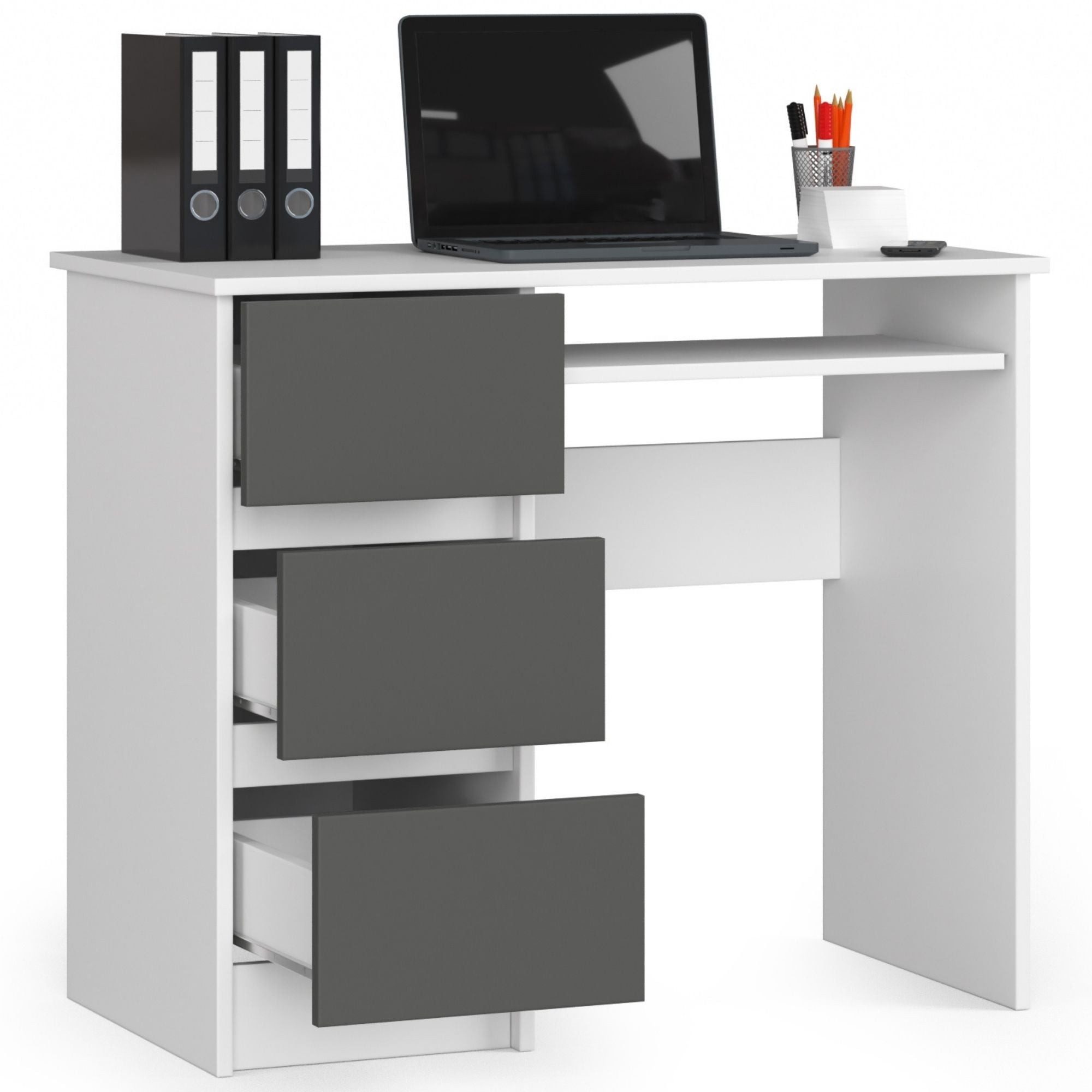 Raumhirsch Furniture Schreibtisch mit Tastaturauszug - zwei Tischvarianten - 90 cm breit, mit 3 Schubkästen - Kasten linke Variante